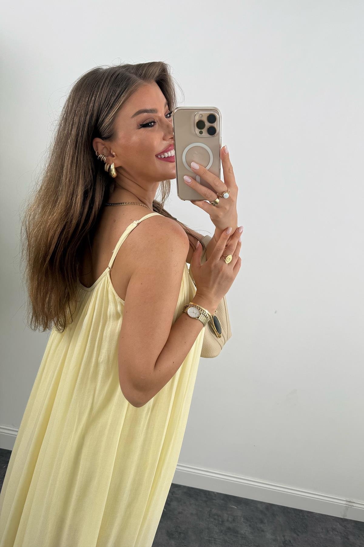 Lüx Kalite Naturel Seri %100 Pamuklu Astarlı Maxi Elbise Sarı