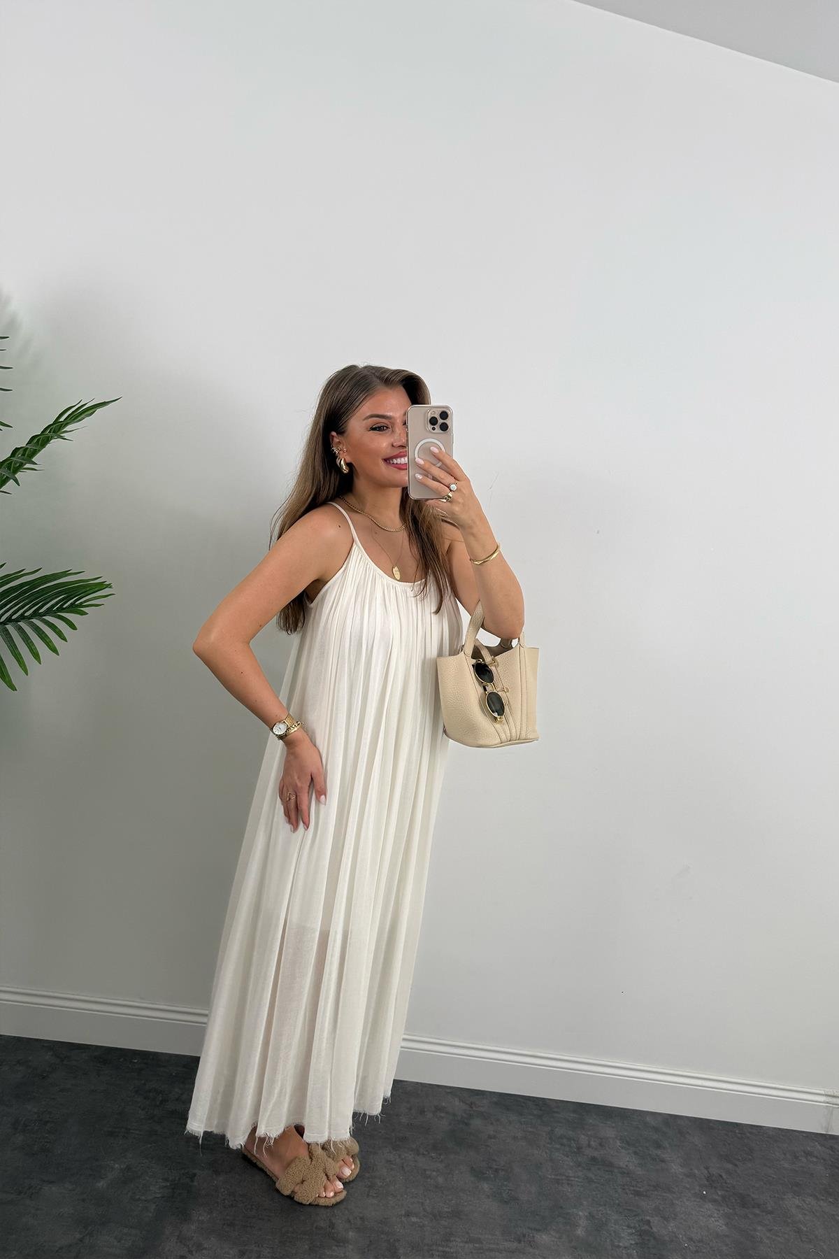 Lüx Kalite Naturel Seri %100 Pamuklu Astarlı Maxi Elbise Ekru 