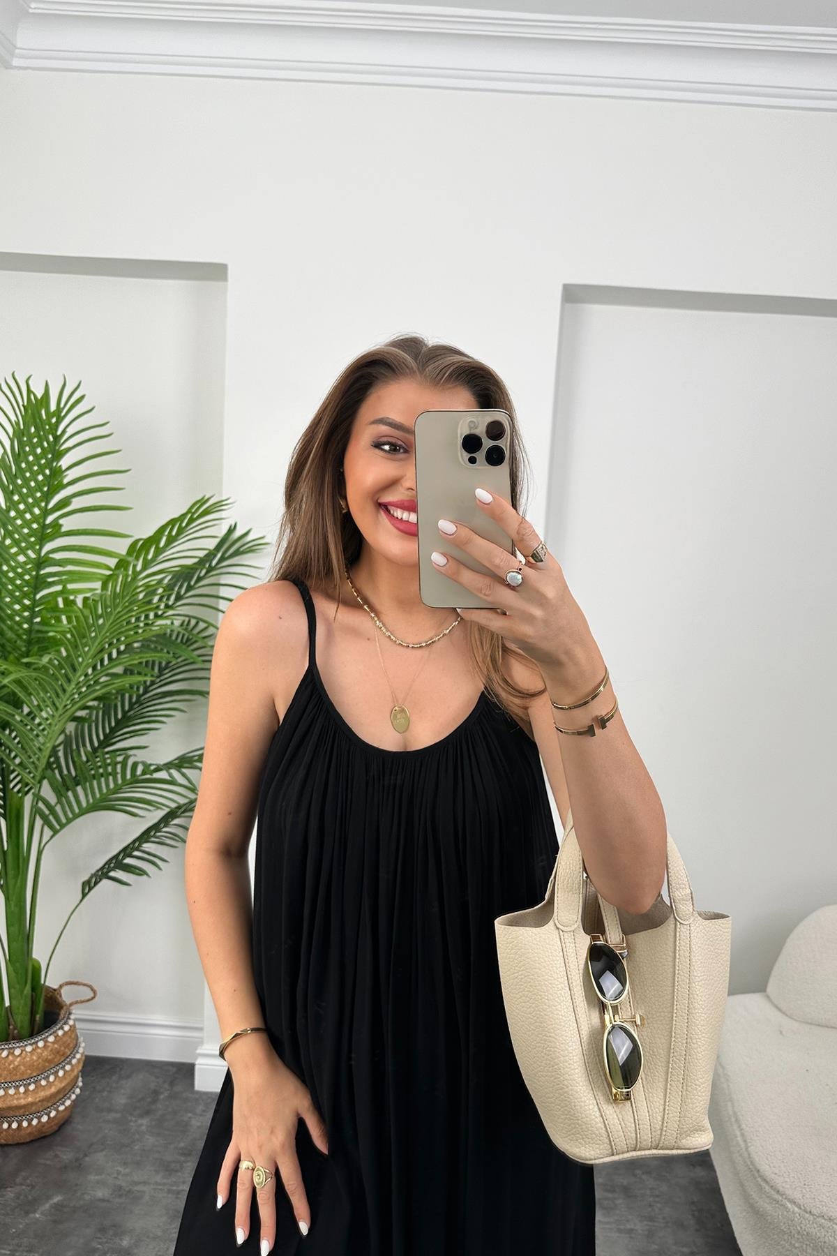 Lüx Kalite Naturel Seri %100 Pamuklu Astarlı Maxi Elbise Siyah