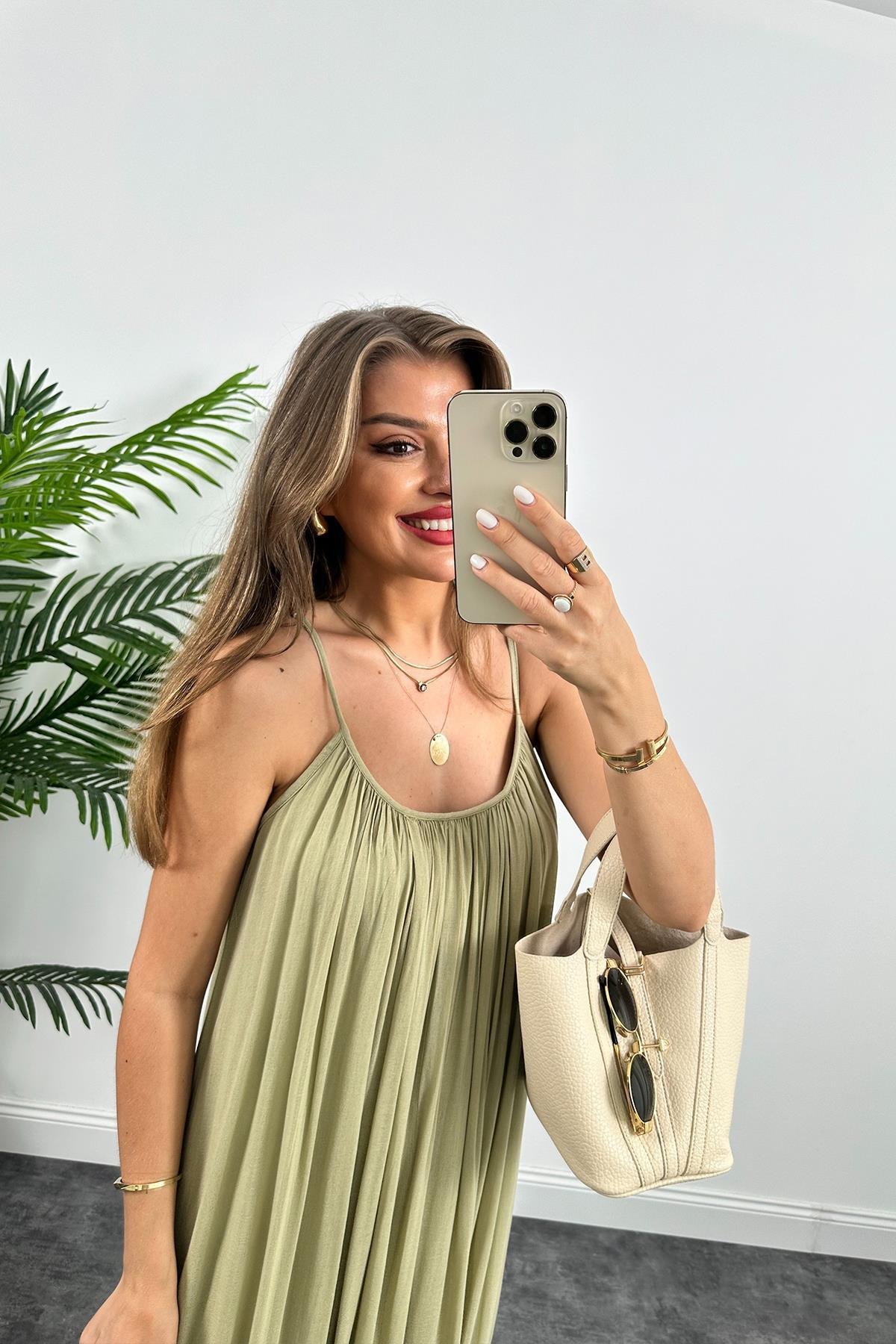 Lüx Kalite Naturel Seri %100 Pamuklu Astarlı Maxi Elbise Haki