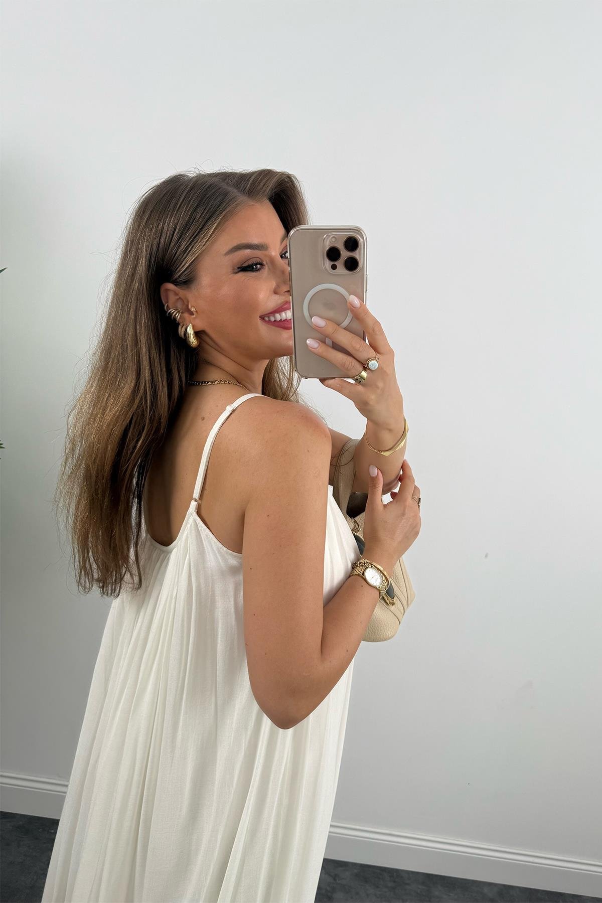 Lüx Kalite Naturel Seri %100 Pamuklu Astarlı Maxi Elbise Ekru 