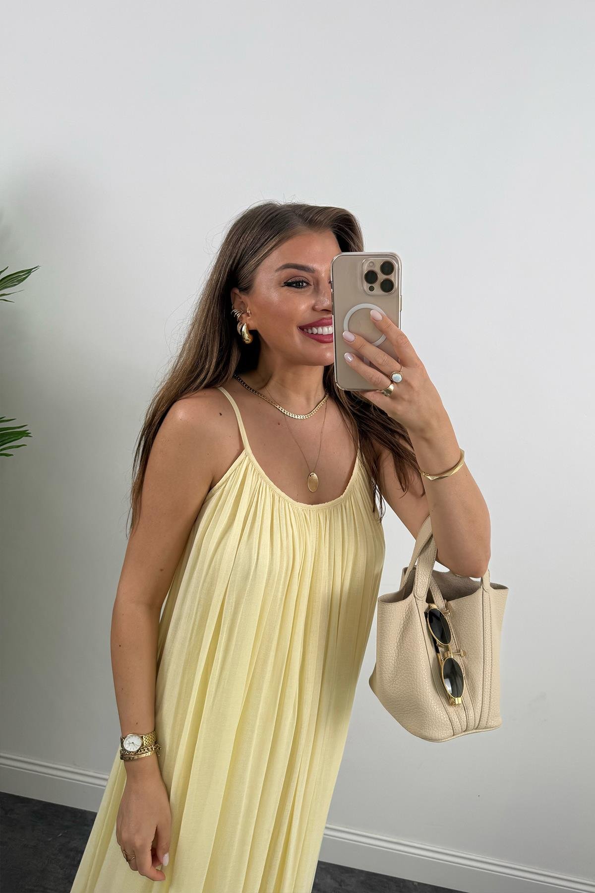 Lüx Kalite Naturel Seri %100 Pamuklu Astarlı Maxi Elbise Sarı