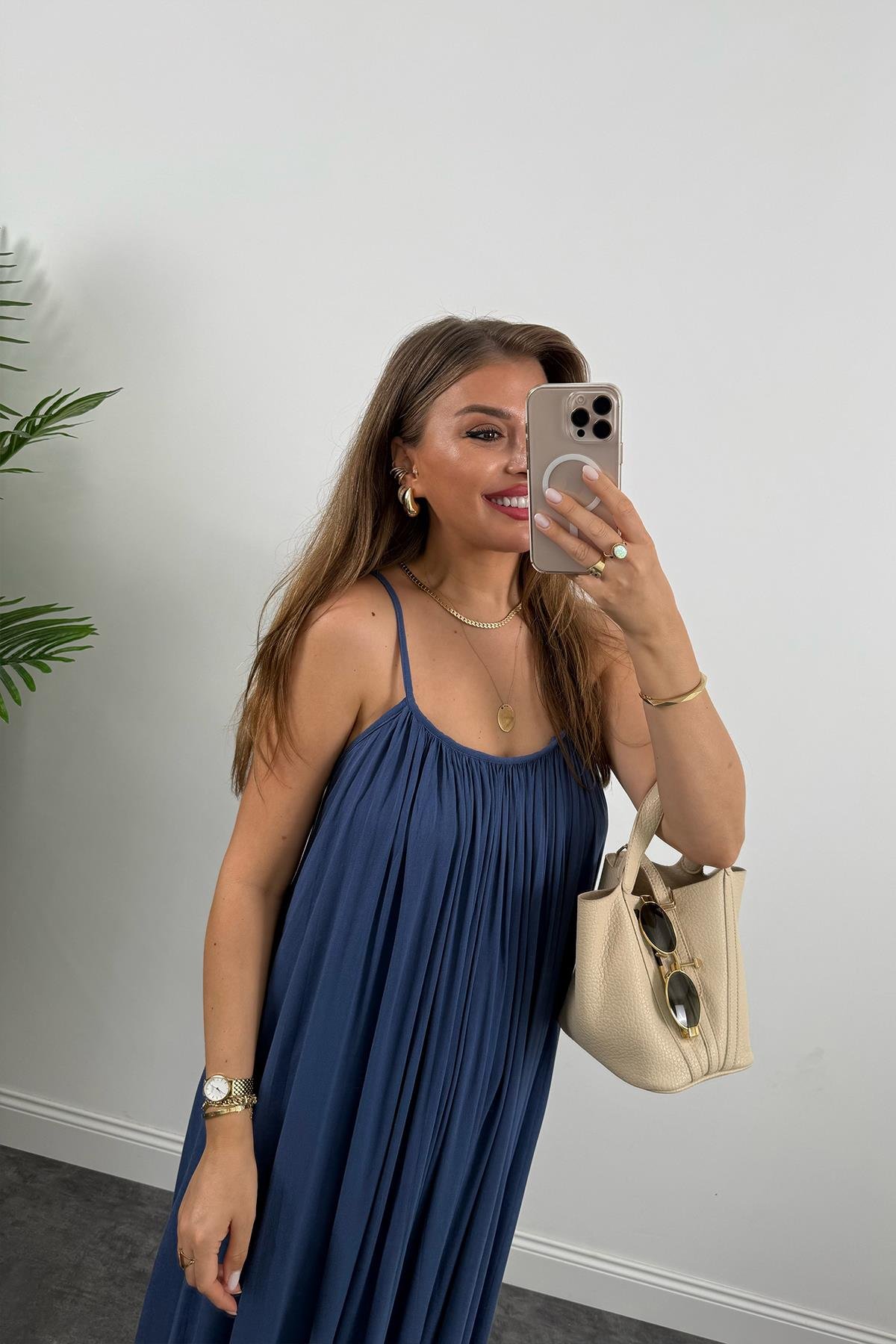 Lüx Kalite Naturel Seri %100 Pamuklu Astarlı Maxi Elbise İndigo