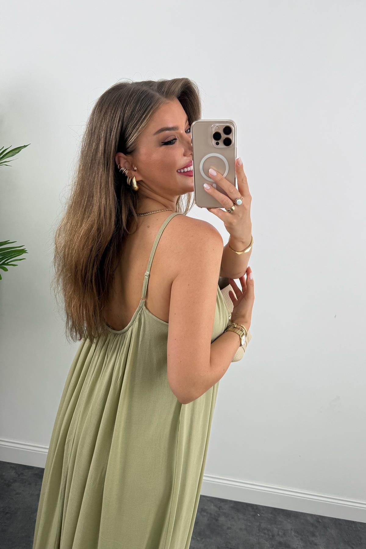 Lüx Kalite Naturel Seri %100 Pamuklu Astarlı Maxi Elbise Haki 