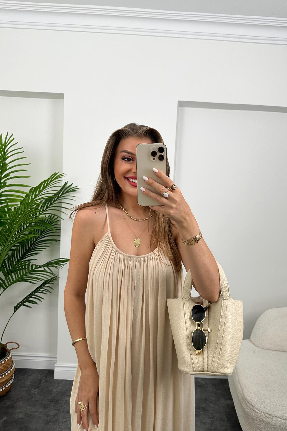 Lüx Kalite Naturel Seri %100 Pamuklu Astarlı Maxi Elbise Taş