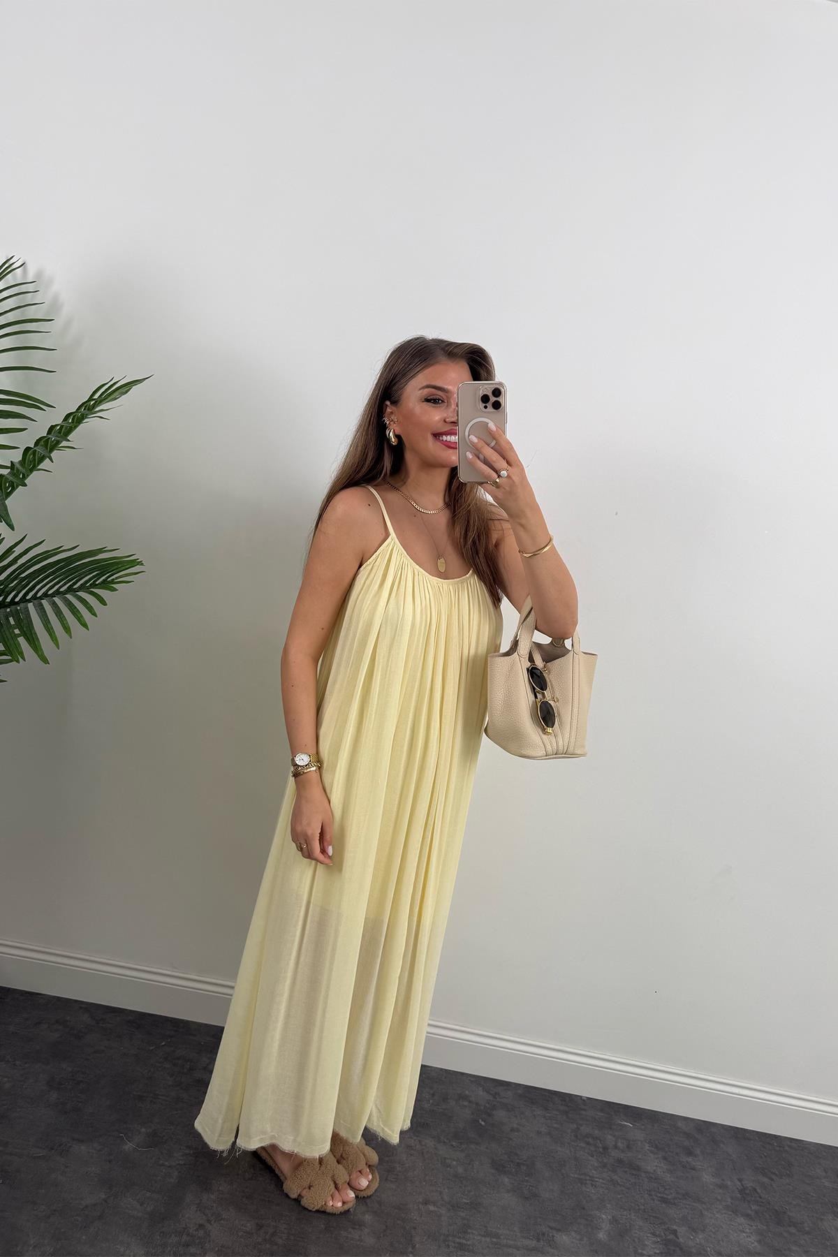 Lüx Kalite Naturel Seri %100 Pamuklu Astarlı Maxi Elbise Sarı