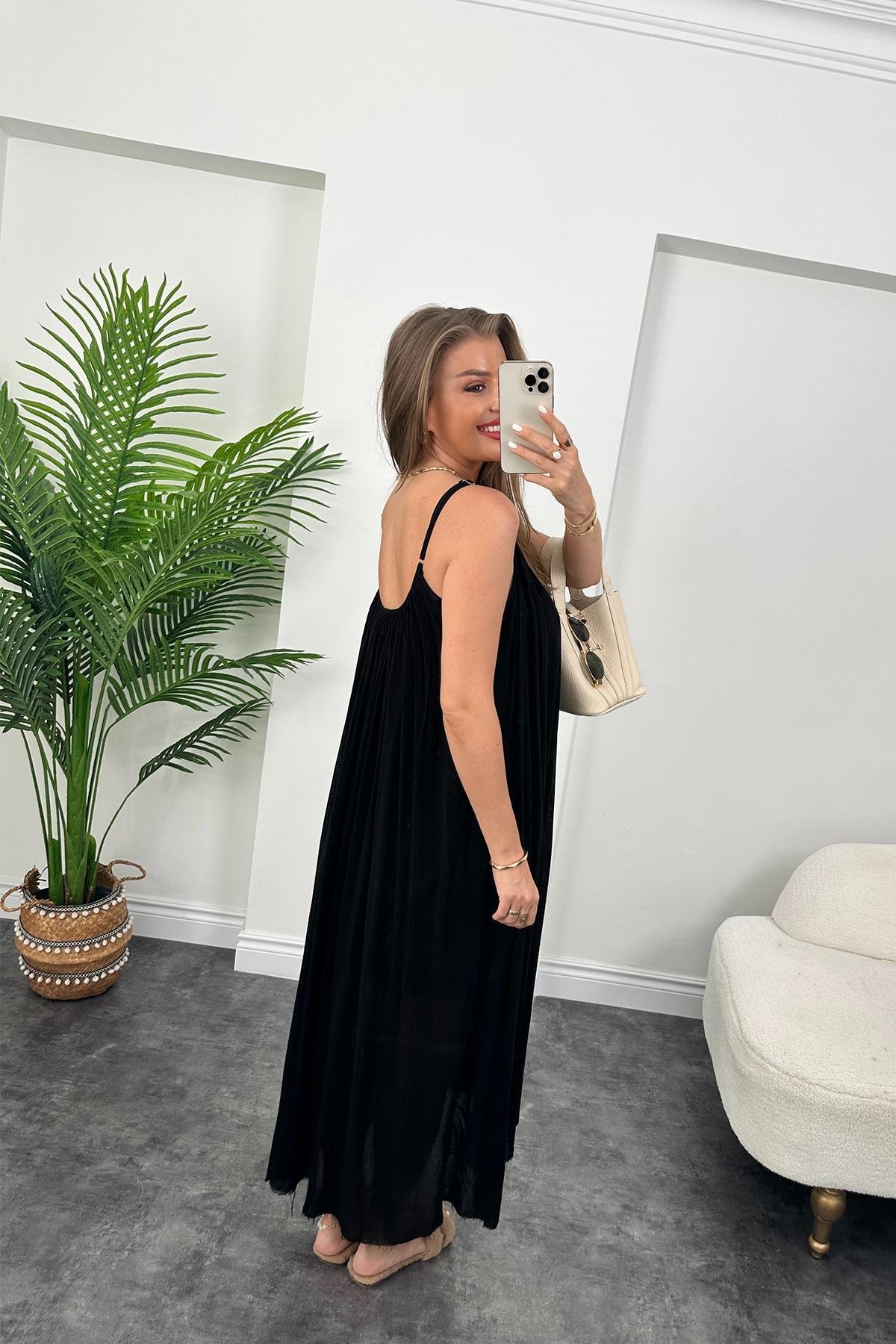 Lüx Kalite Naturel Seri %100 Pamuklu Astarlı Maxi Elbise Siyah