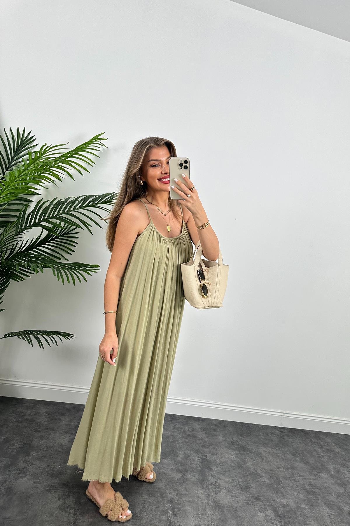 Lüx Kalite Naturel Seri %100 Pamuklu Astarlı Maxi Elbise Haki