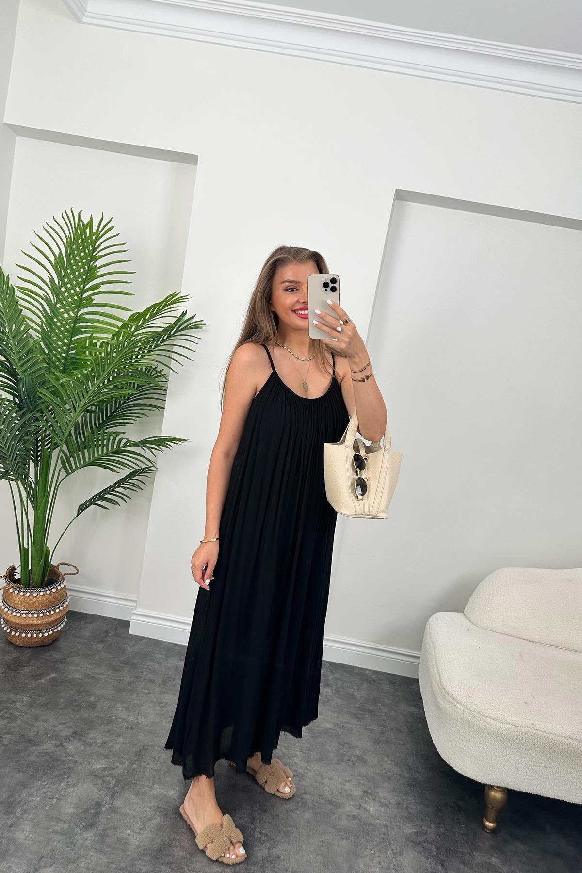 Lüx Kalite Naturel Seri %100 Pamuklu Astarlı Maxi Elbise Siyah