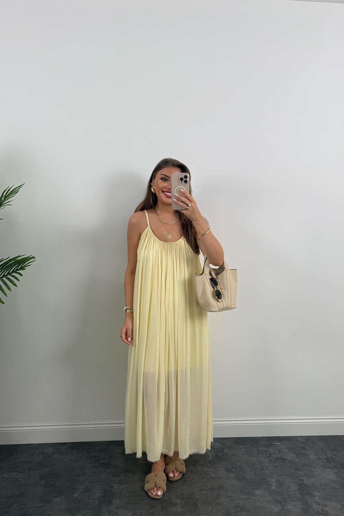 Lüx Kalite Naturel Seri %100 Pamuklu Astarlı Maxi Elbise Sarı