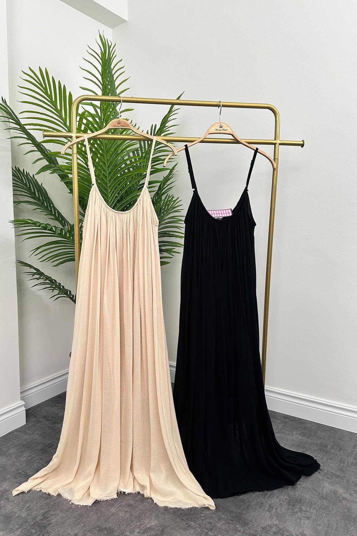 Lüx Kalite Naturel Seri %100 Pamuklu Astarlı Maxi Elbise Siyah