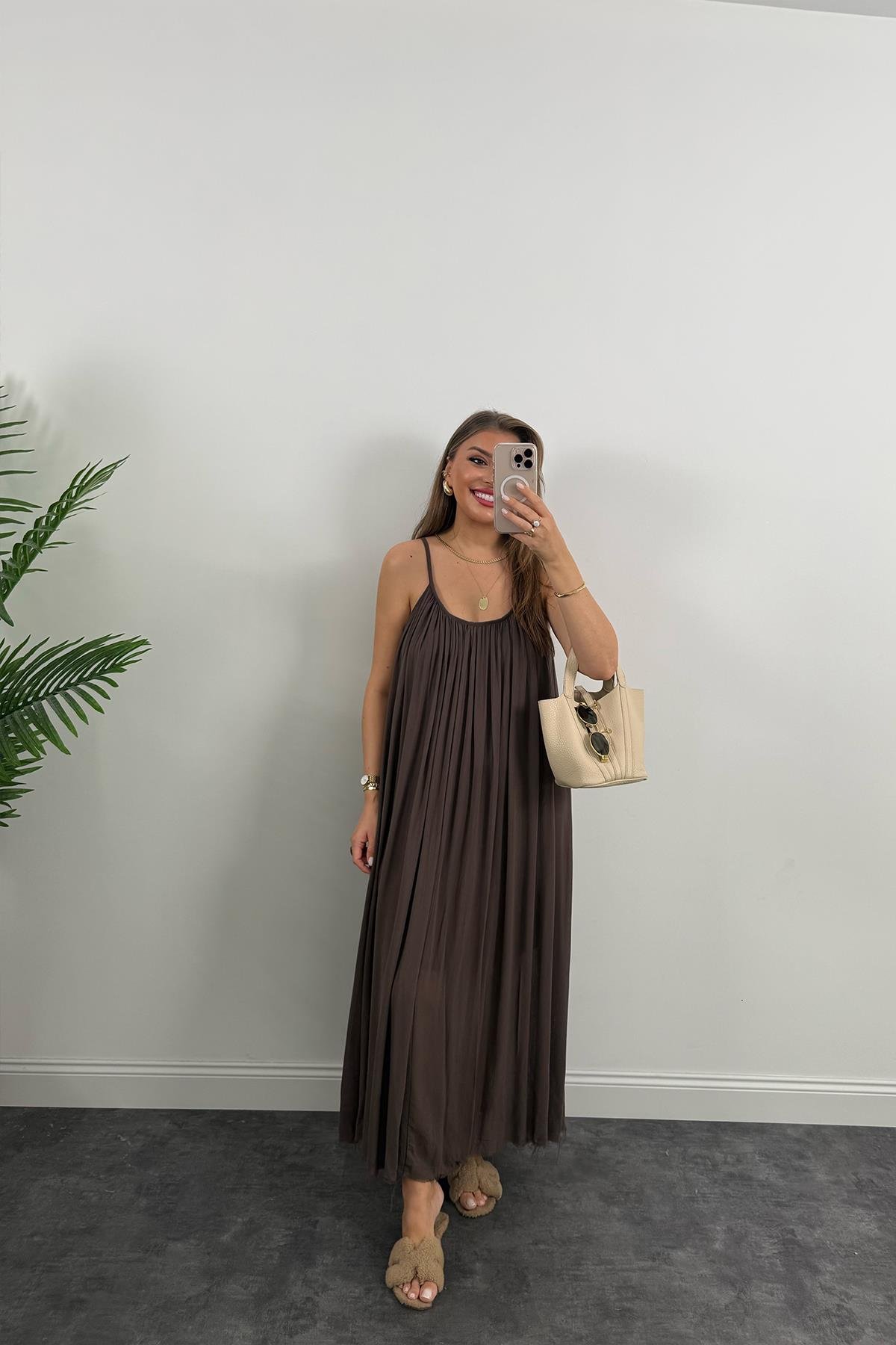 Lüx Kalite Naturel Seri %100 Pamuklu Astarlı Maxi Elbise Kahverengi 