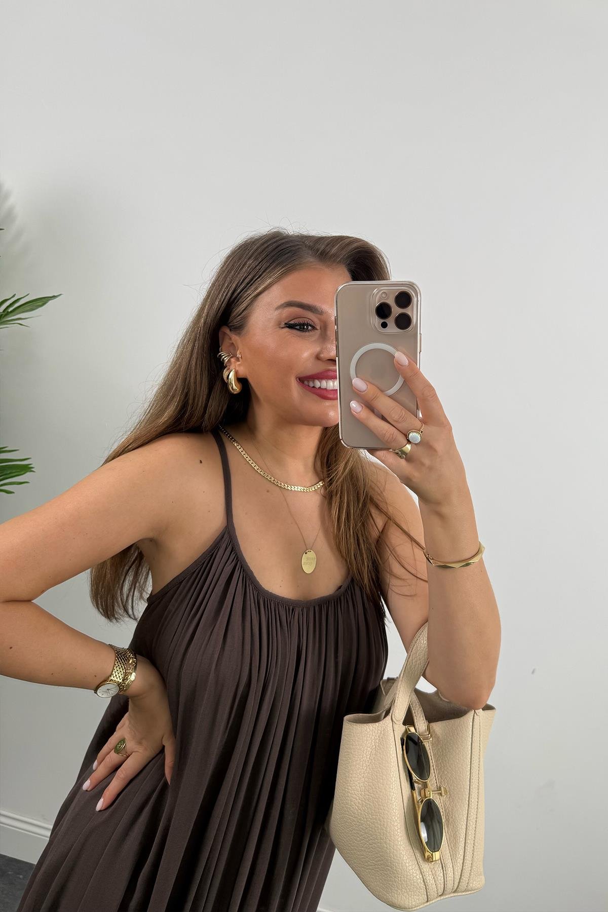 Lüx Kalite Naturel Seri %100 Pamuklu Astarlı Maxi Elbise Kahverengi 