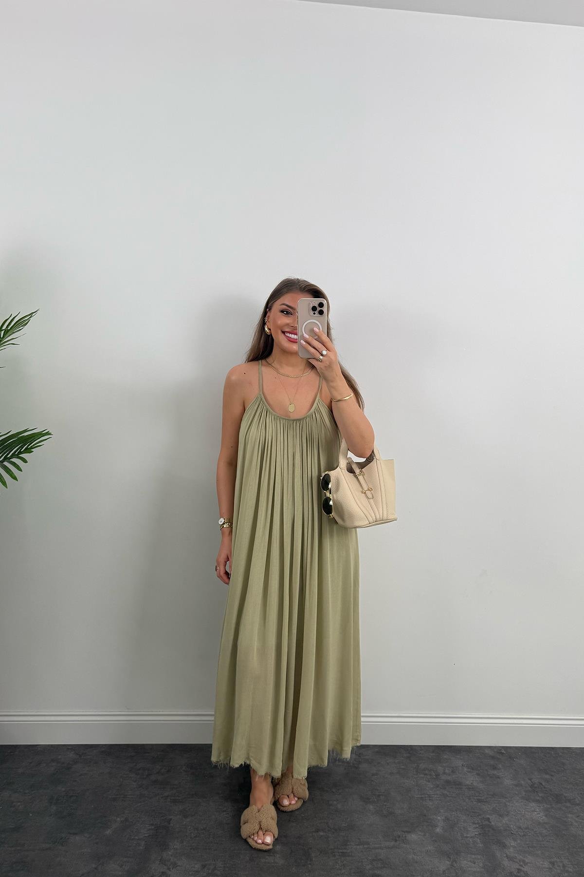 Lüx Kalite Naturel Seri %100 Pamuklu Astarlı Maxi Elbise Haki 