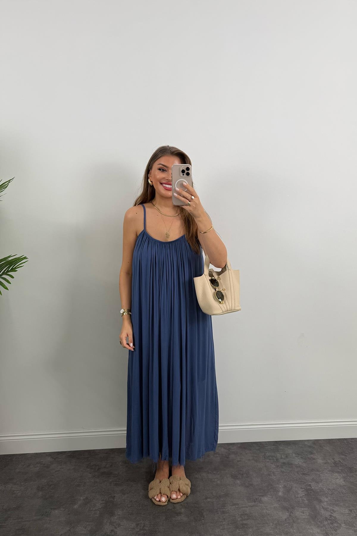 Lüx Kalite Naturel Seri %100 Pamuklu Astarlı Maxi Elbise İndigo