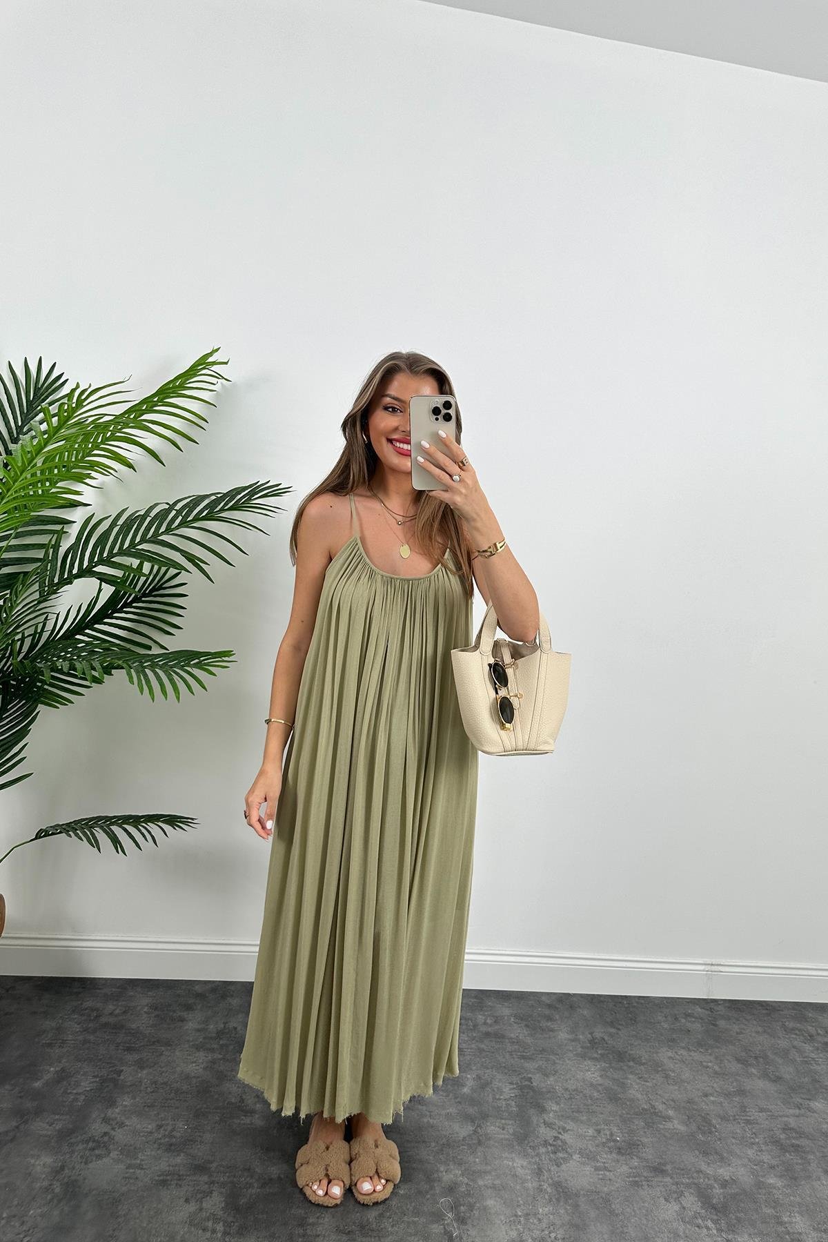 Lüx Kalite Naturel Seri %100 Pamuklu Astarlı Maxi Elbise Haki