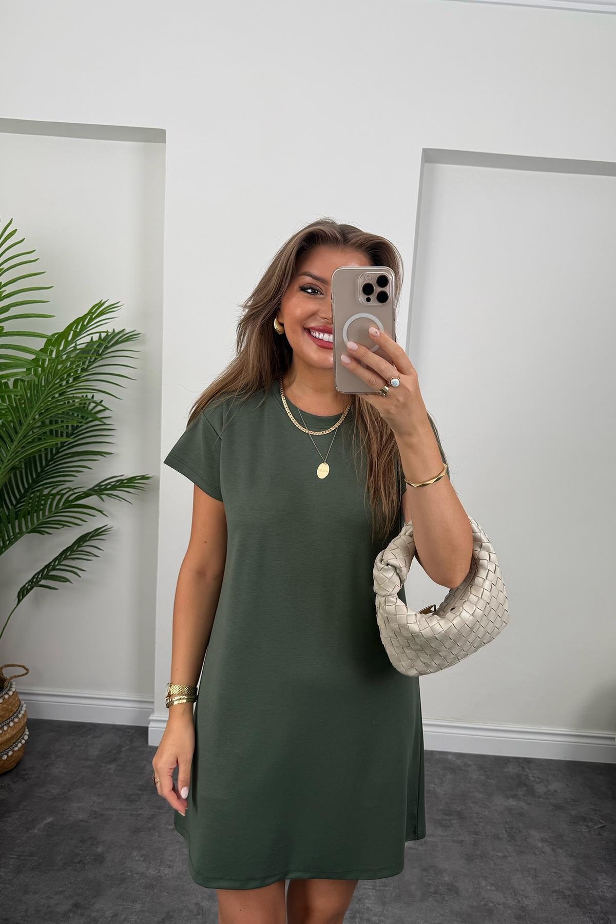 Lüx Kalite Oyhs Kumaş Kısa Kol Basic Elbise Haki
