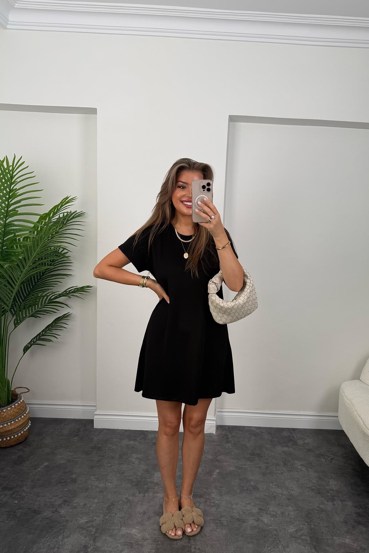 Lüx Kalite Oyhs Kumaş Kısa Kol Basic Elbise Siyah