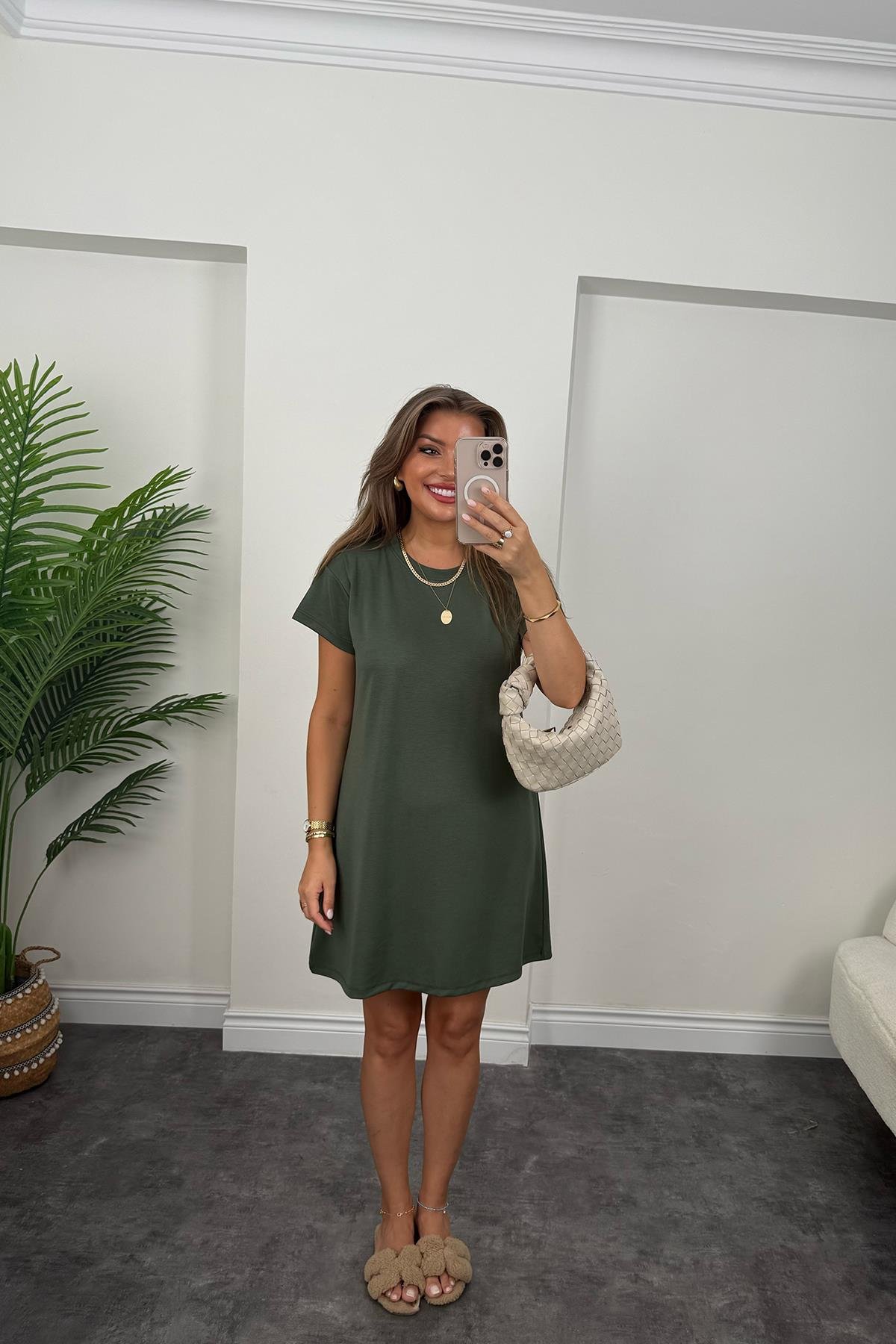 Lüx Kalite Oyhs Kumaş Kısa Kol Basic Elbise Haki