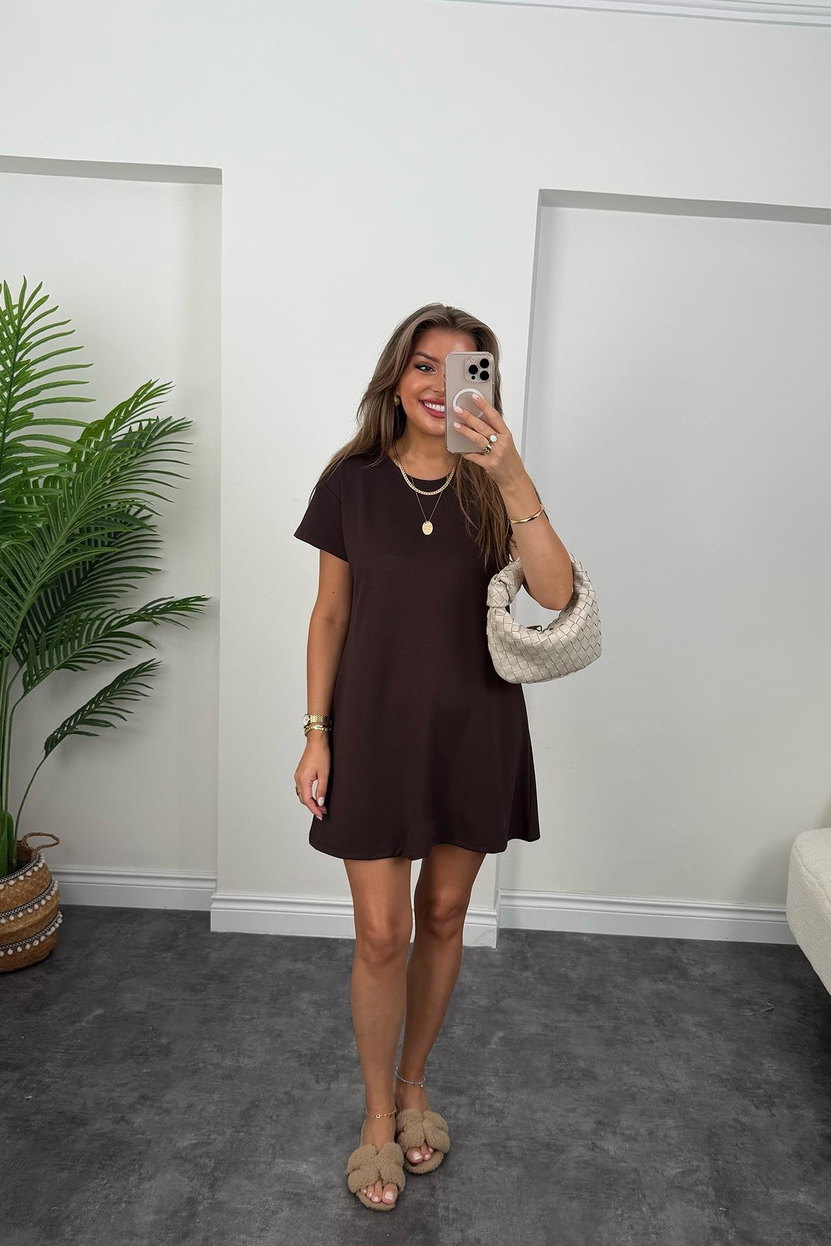 Lüx Kalite Oyhs Kumaş Kısa Kol Basic Elbise Acı Kahve 