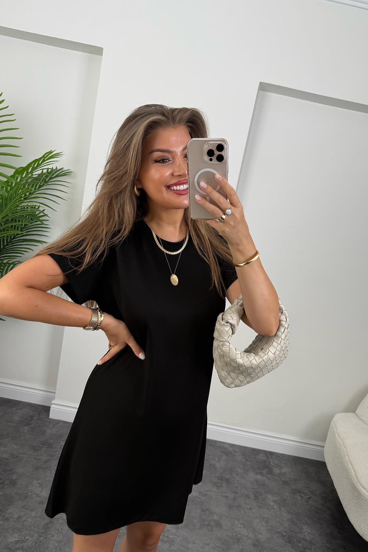 Lüx Kalite Oyhs Kumaş Kısa Kol Basic Elbise Siyah