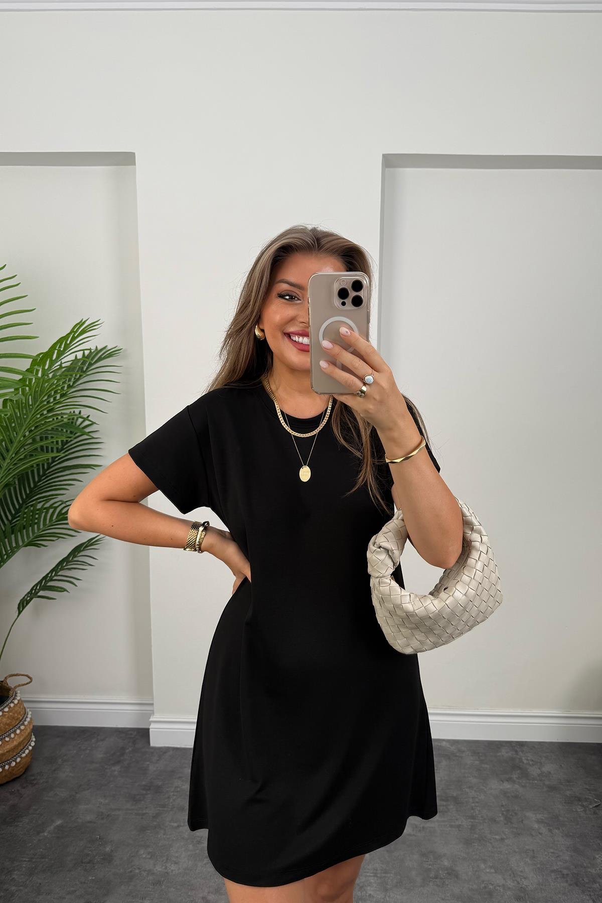 Lüx Kalite Oyhs Kumaş Kısa Kol Basic Elbise Siyah