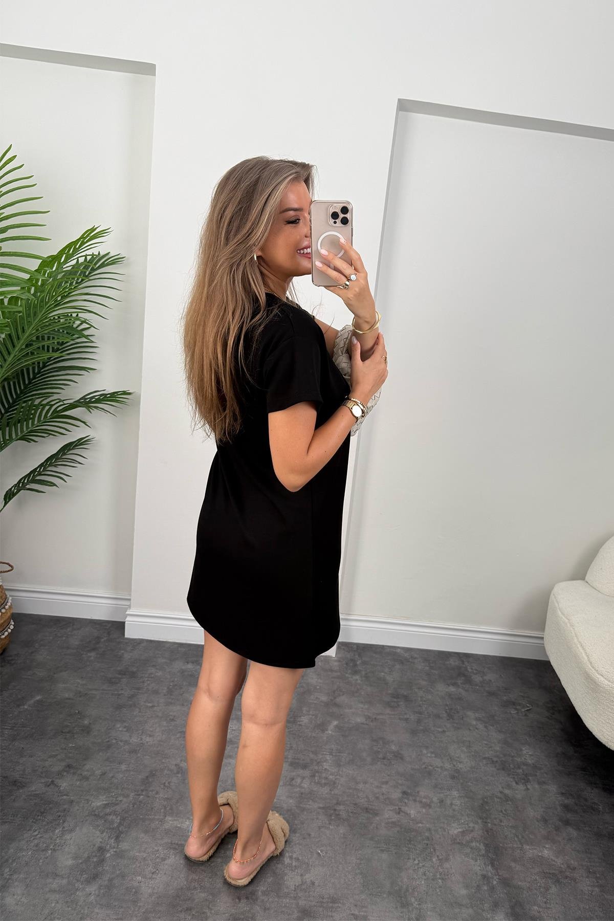 Lüx Kalite Oyhs Kumaş Kısa Kol Basic Elbise Siyah