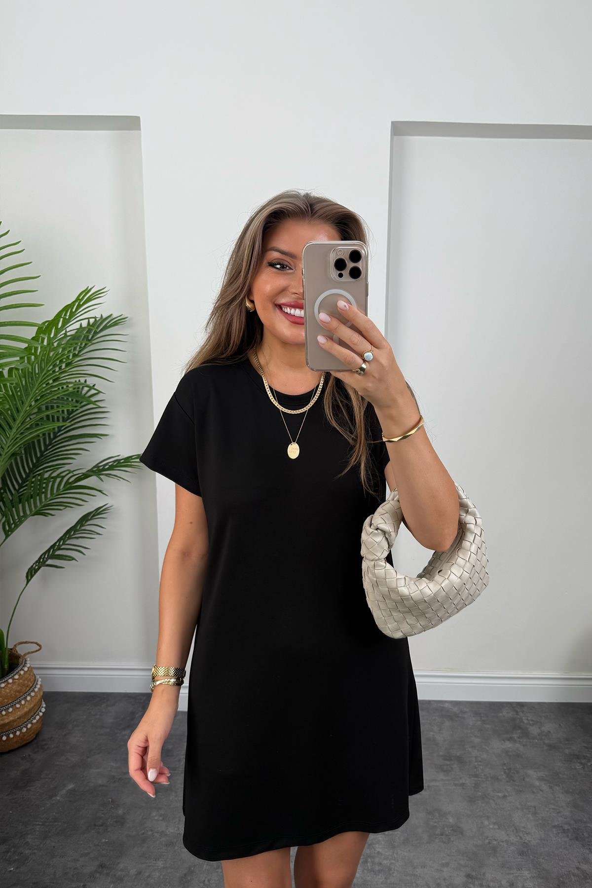 Lüx Kalite Oyhs Kumaş Kısa Kol Basic Elbise Siyah