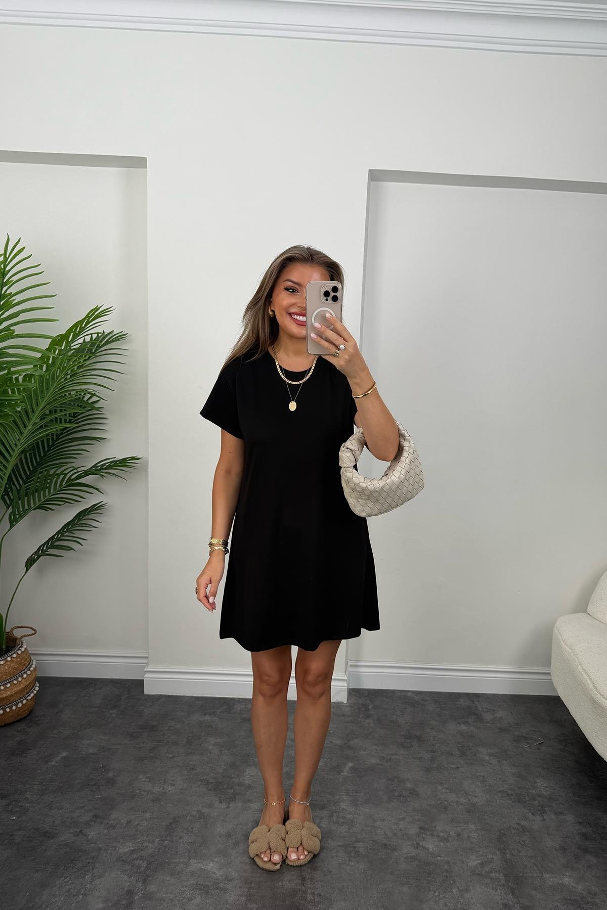 Lüx Kalite Oyhs Kumaş Kısa Kol Basic Elbise Siyah