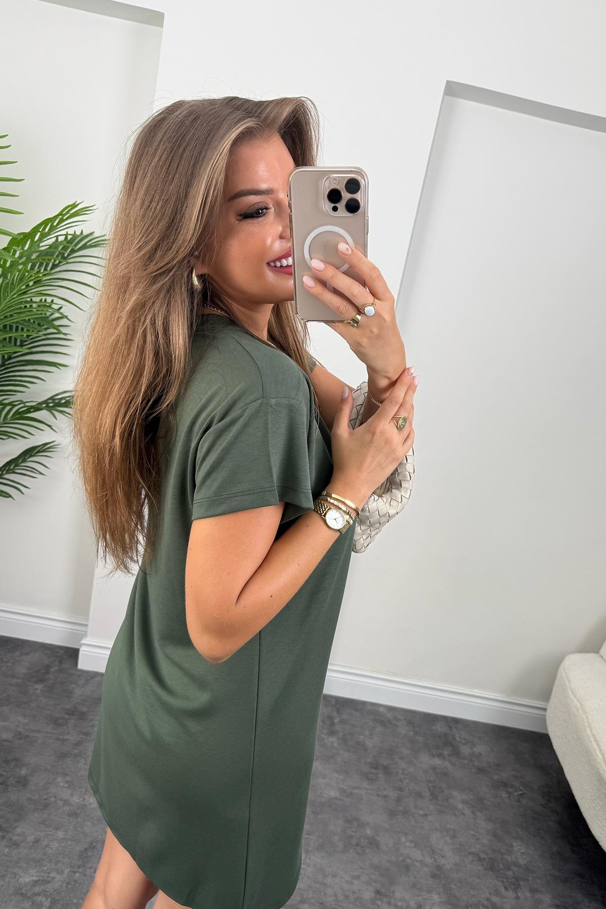 Lüx Kalite Oyhs Kumaş Kısa Kol Basic Elbise Haki