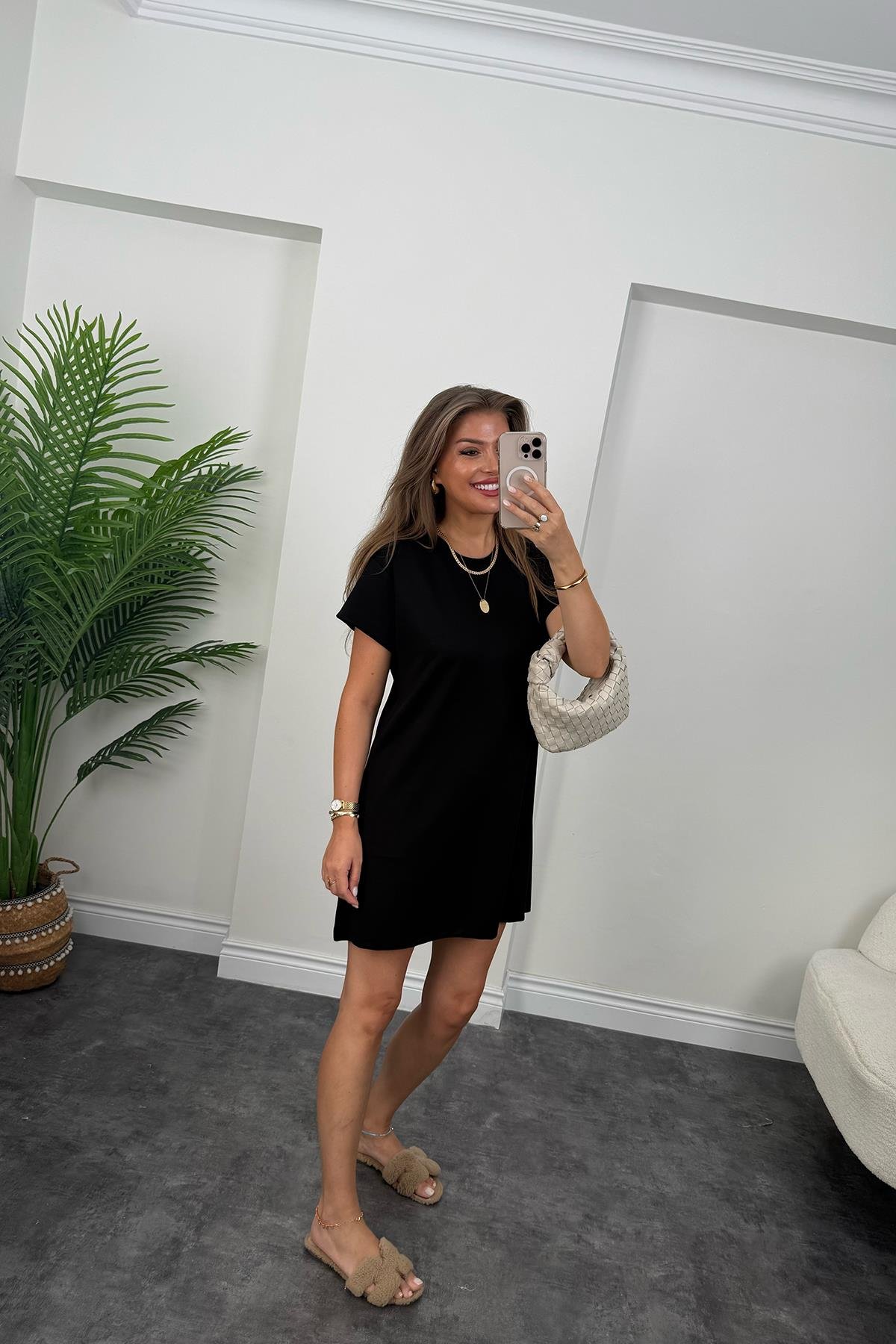 Lüx Kalite Oyhs Kumaş Kısa Kol Basic Elbise Siyah