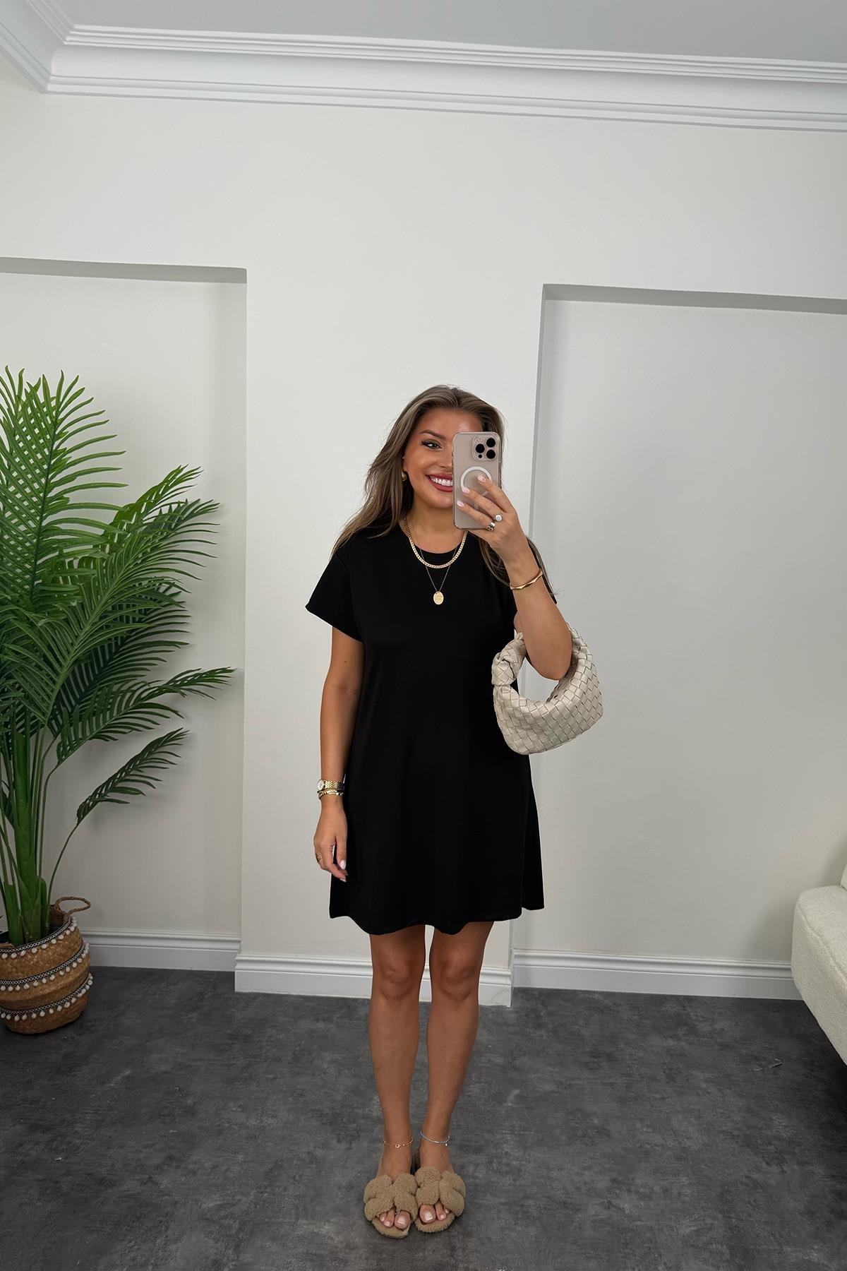 Lüx Kalite Oyhs Kumaş Kısa Kol Basic Elbise Siyah