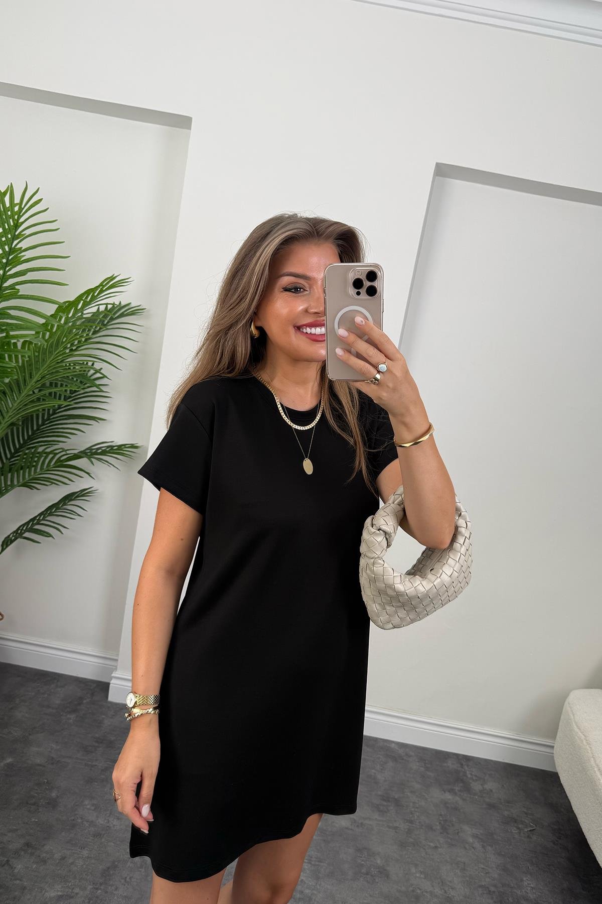 Lüx Kalite Oyhs Kumaş Kısa Kol Basic Elbise Siyah