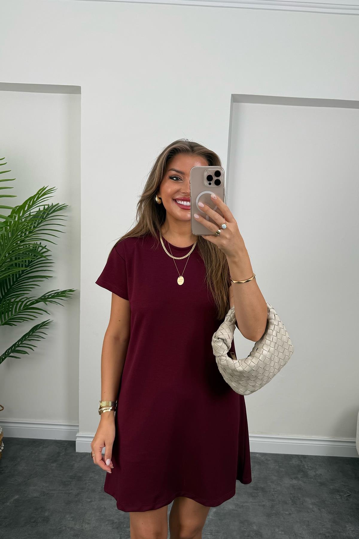 Lüx Kalite Oyhs Kumaş Kısa Kol Basic Elbise Bordo