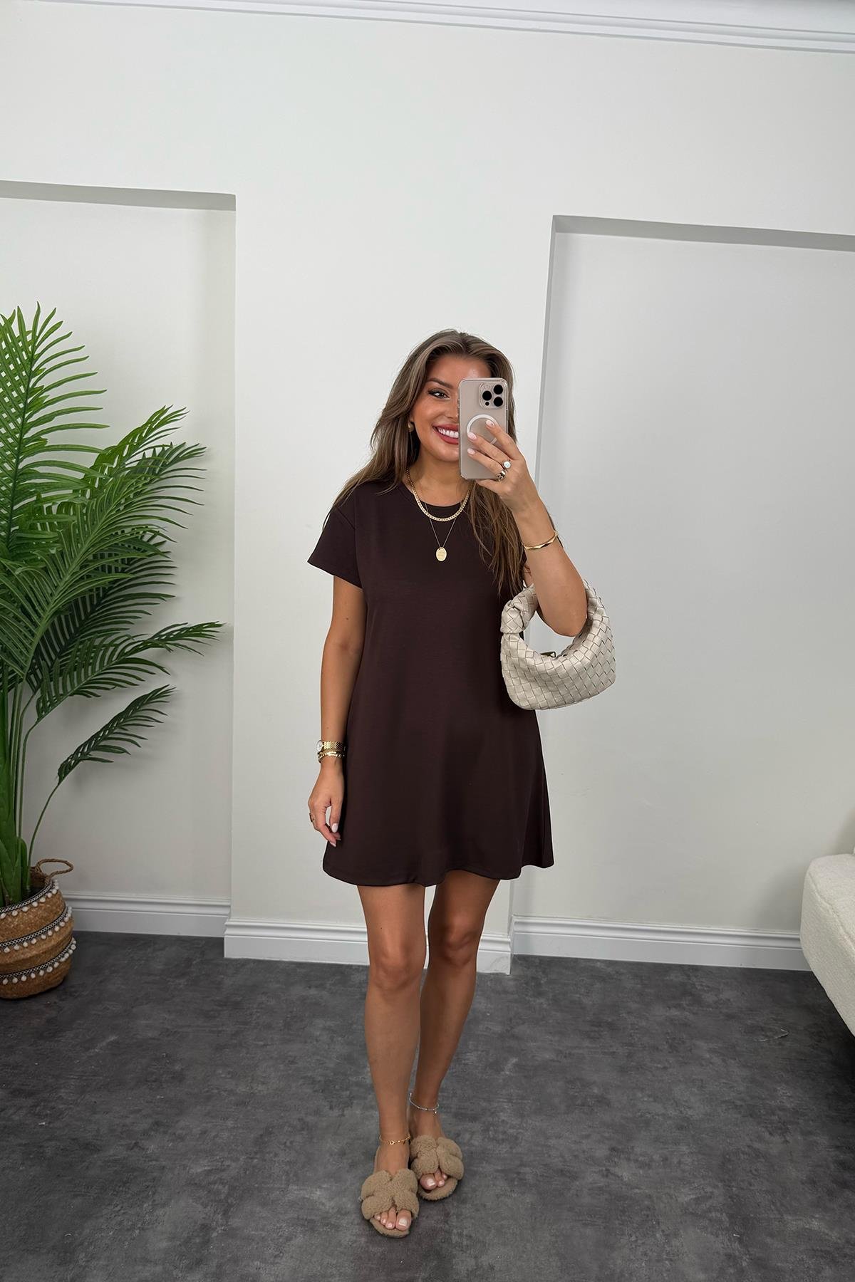 Lüx Kalite Oyhs Kumaş Kısa Kol Basic Elbise Acı Kahve 