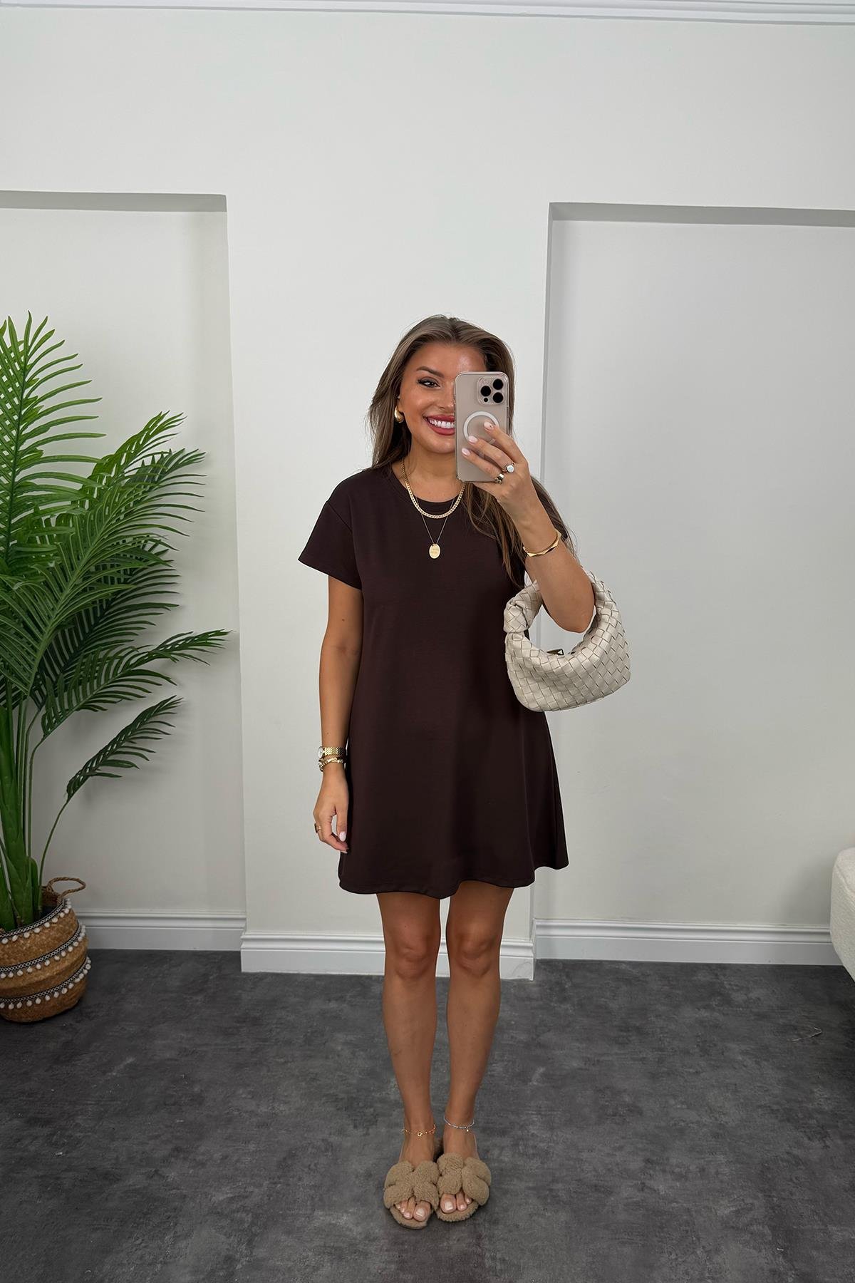 Lüx Kalite Oyhs Kumaş Kısa Kol Basic Elbise Acı Kahve 