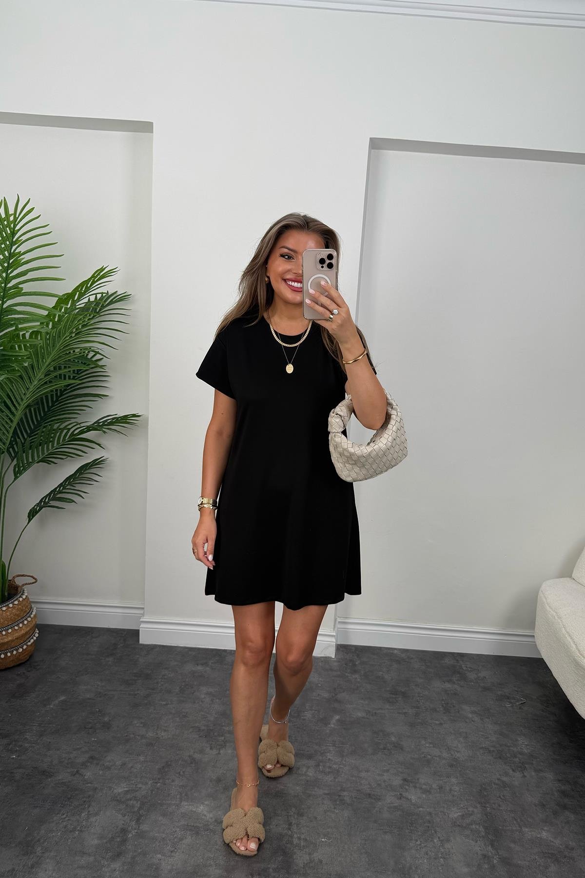 Lüx Kalite Oyhs Kumaş Kısa Kol Basic Elbise Siyah