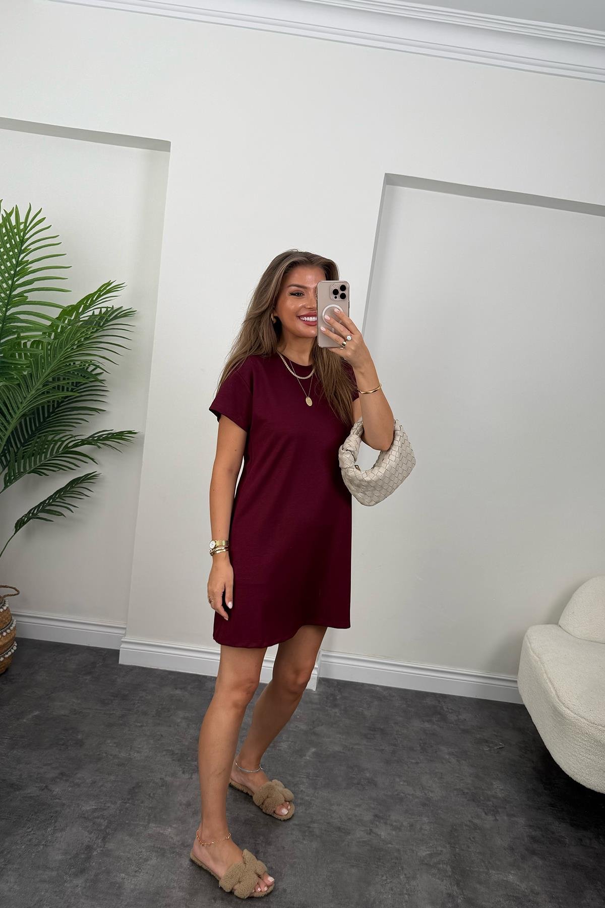Lüx Kalite Oyhs Kumaş Kısa Kol Basic Elbise Bordo