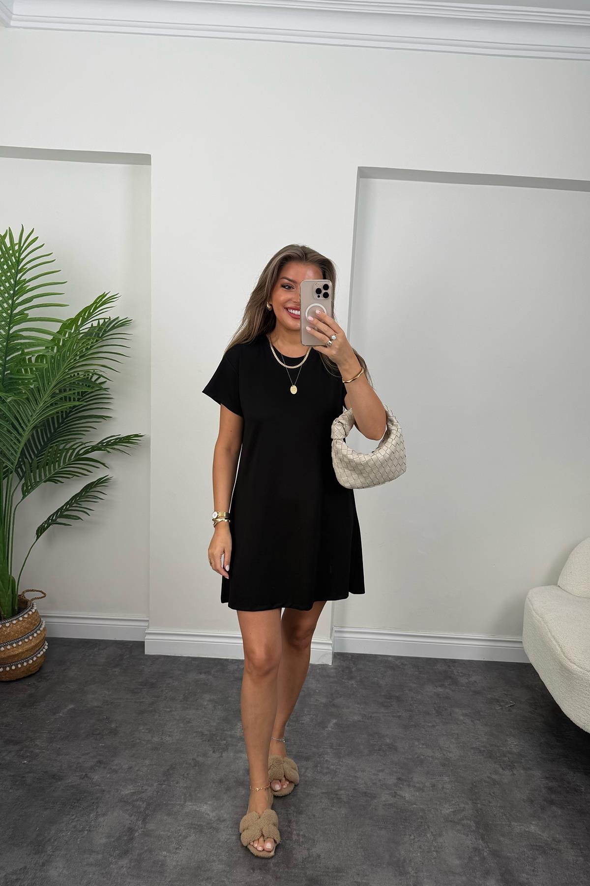 Lüx Kalite Oyhs Kumaş Kısa Kol Basic Elbise Siyah