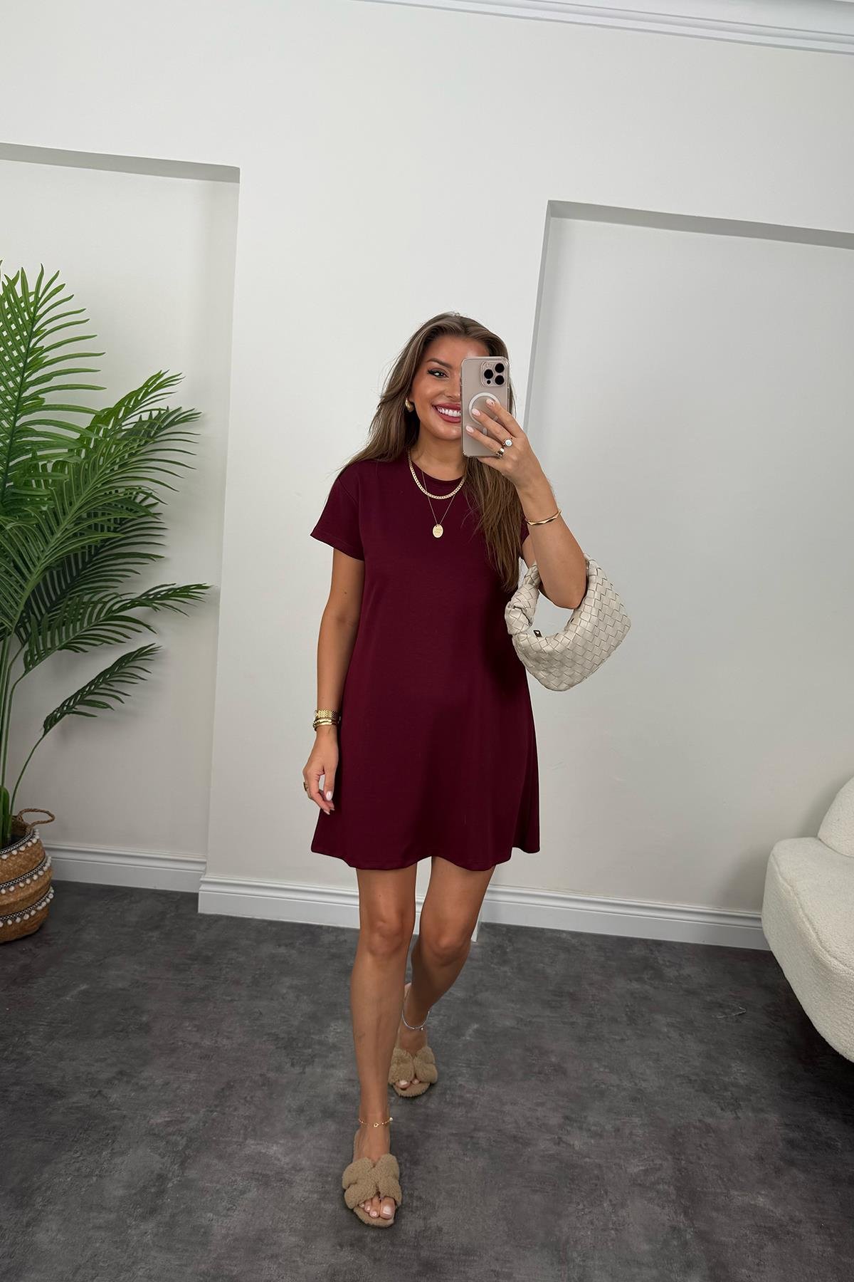 Lüx Kalite Oyhs Kumaş Kısa Kol Basic Elbise Bordo
