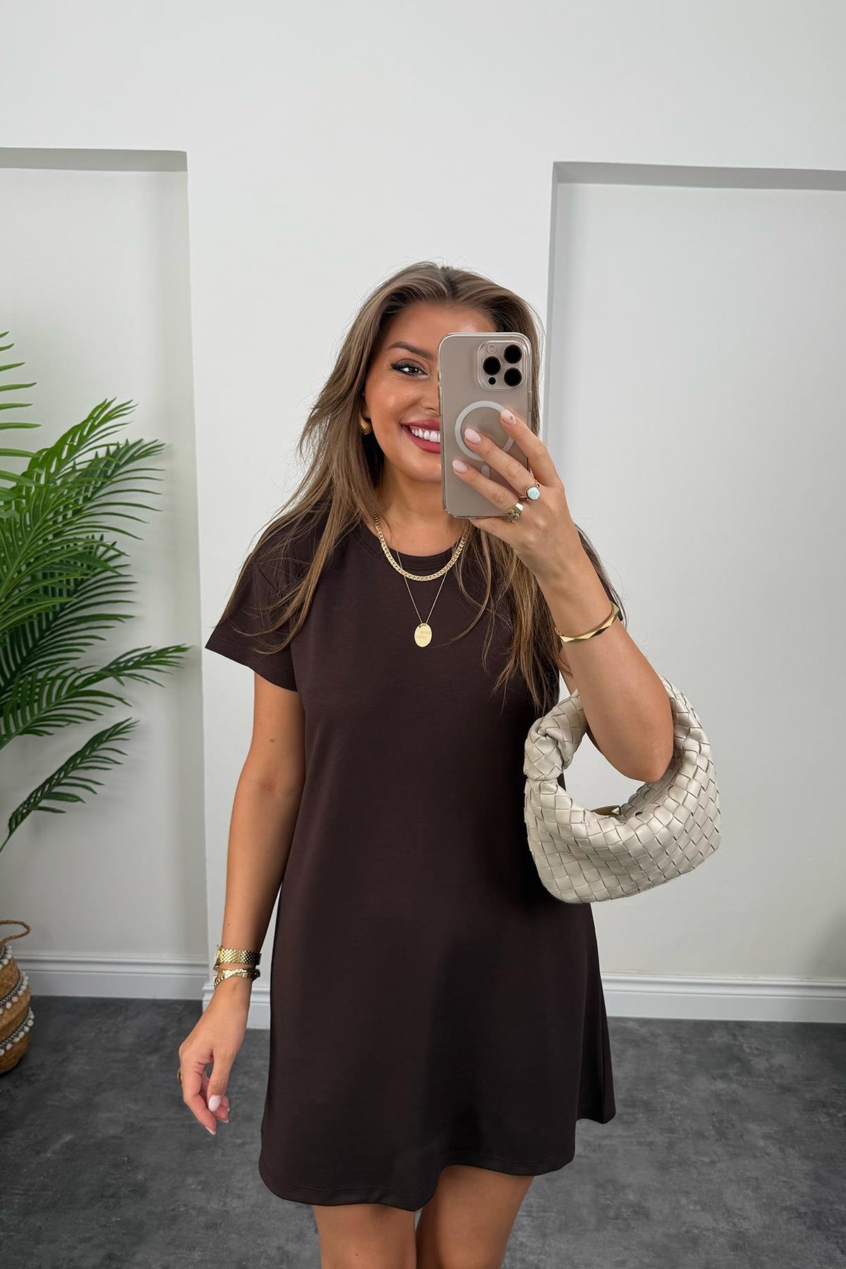 Lüx Kalite Oyhs Kumaş Kısa Kol Basic Elbise Acı Kahve 