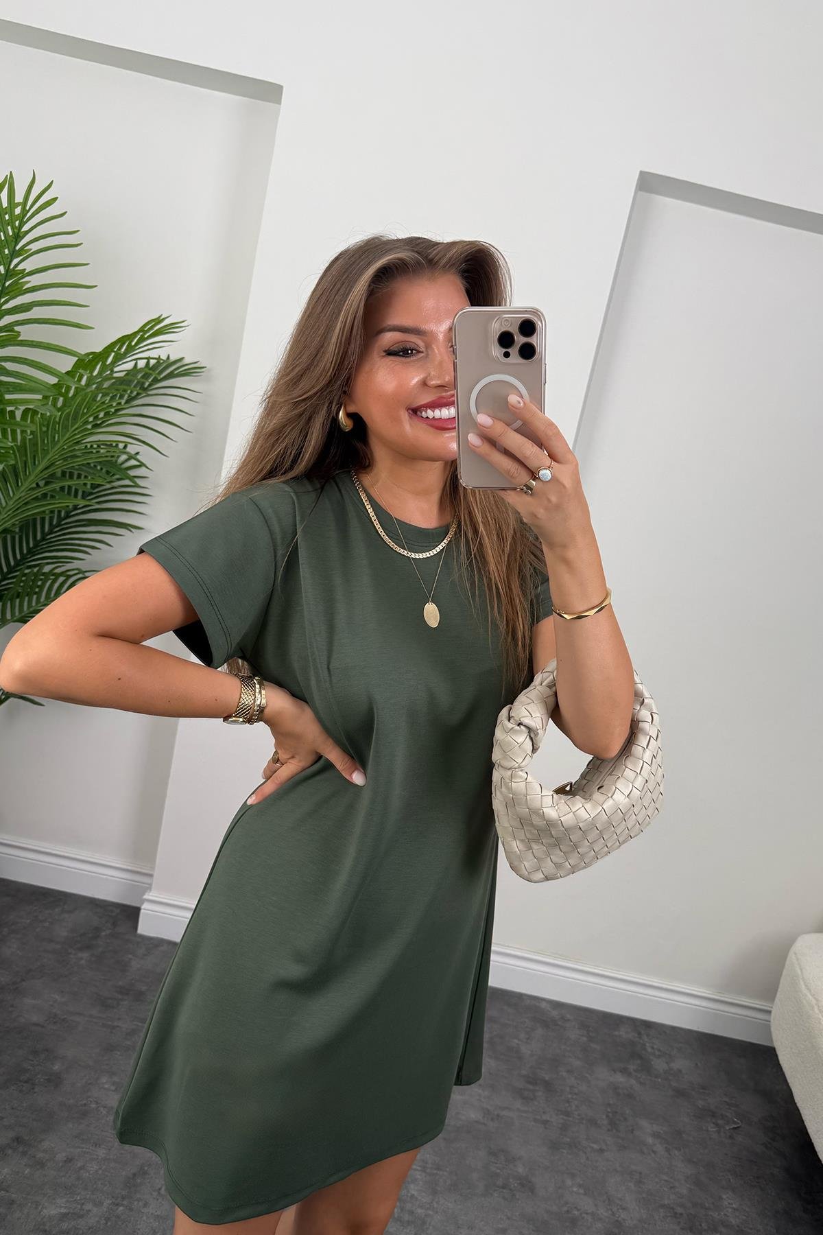 Lüx Kalite Oyhs Kumaş Kısa Kol Basic Elbise Haki