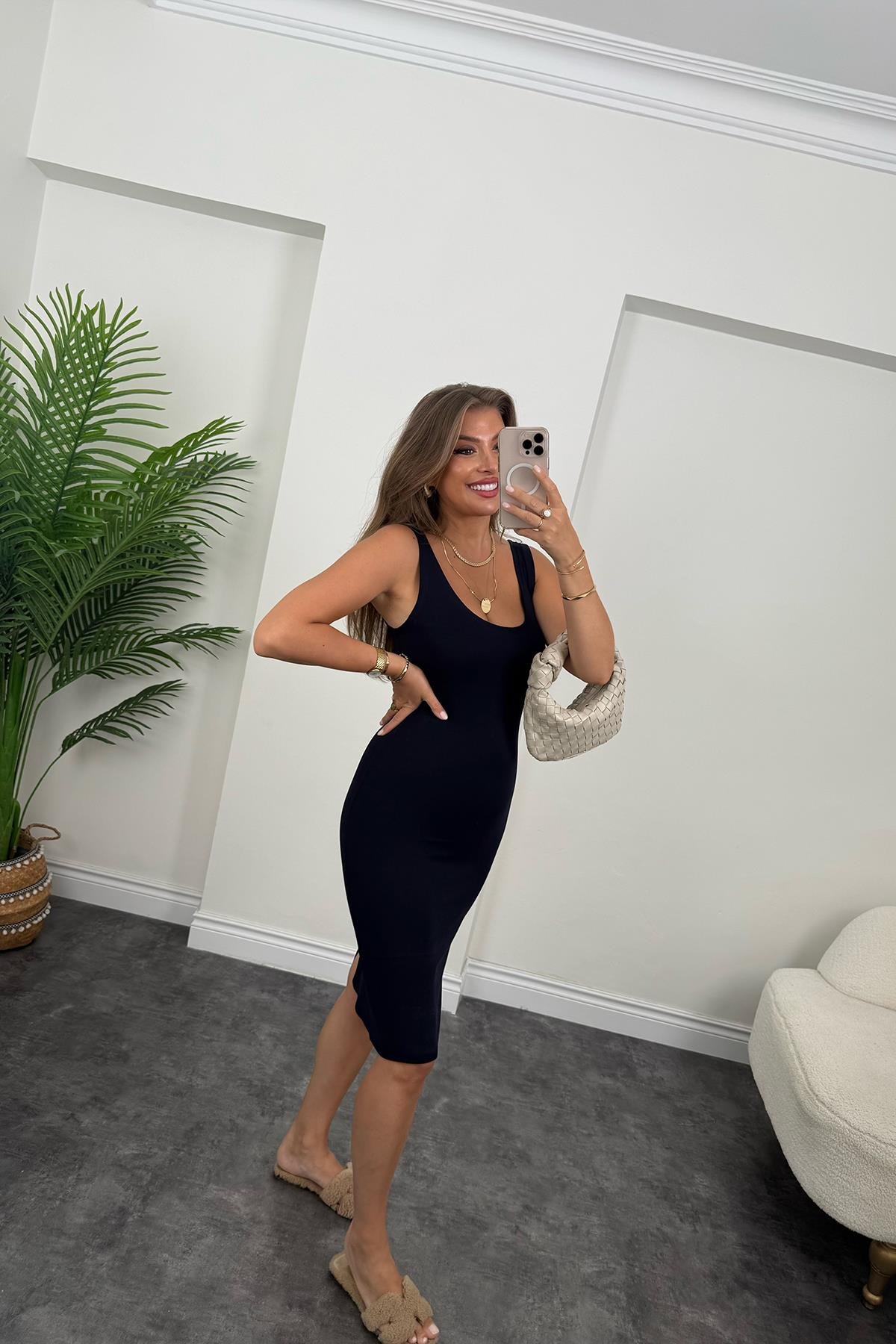 Lüx Kalite Oysh Kumaş Likralı Basic Kalem Elbise Lacivert