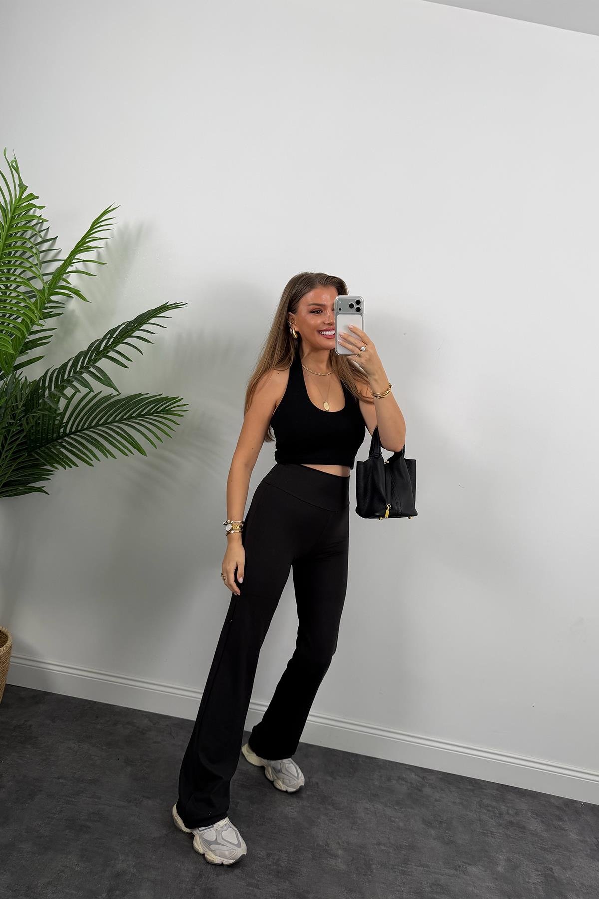 Lüx Kalite Oysh Model Likralı Flare Tayt Siyah