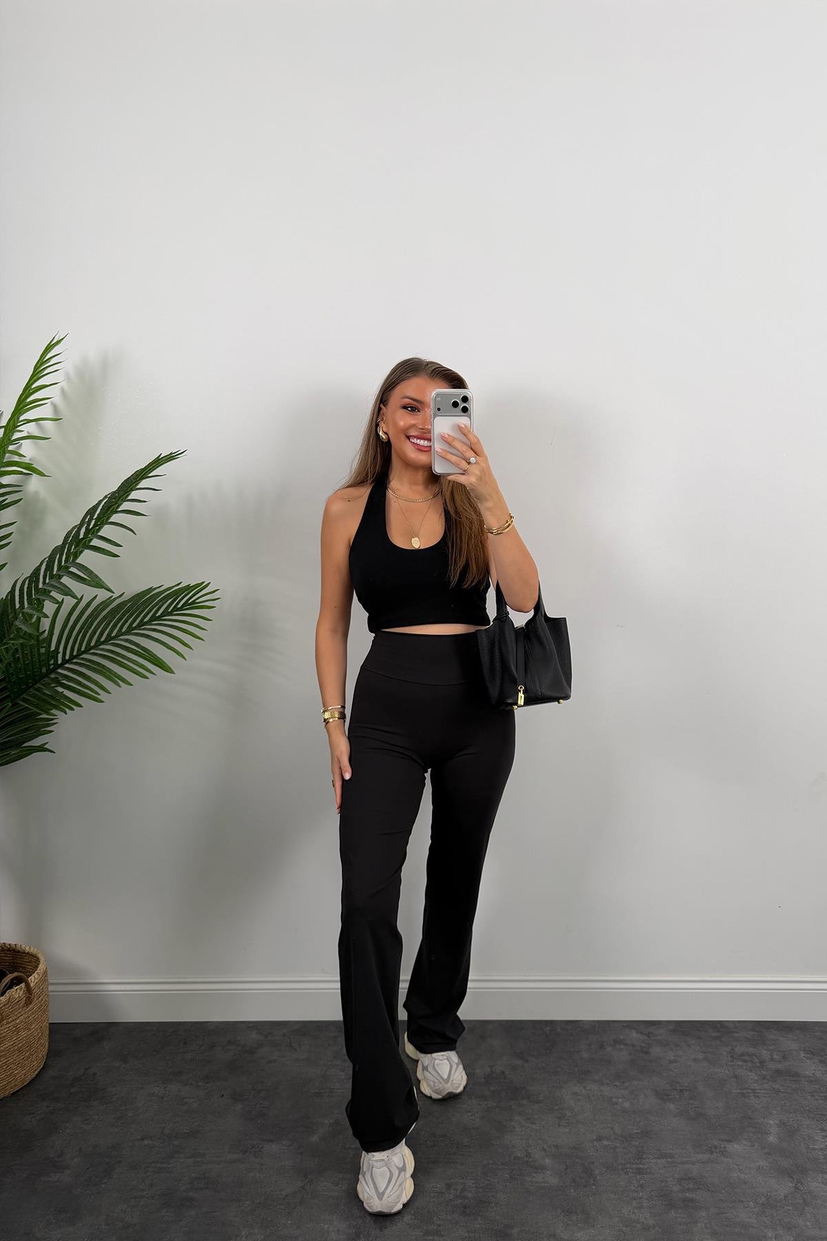 Lüx Kalite Oysh Model Likralı Flare Tayt Siyah