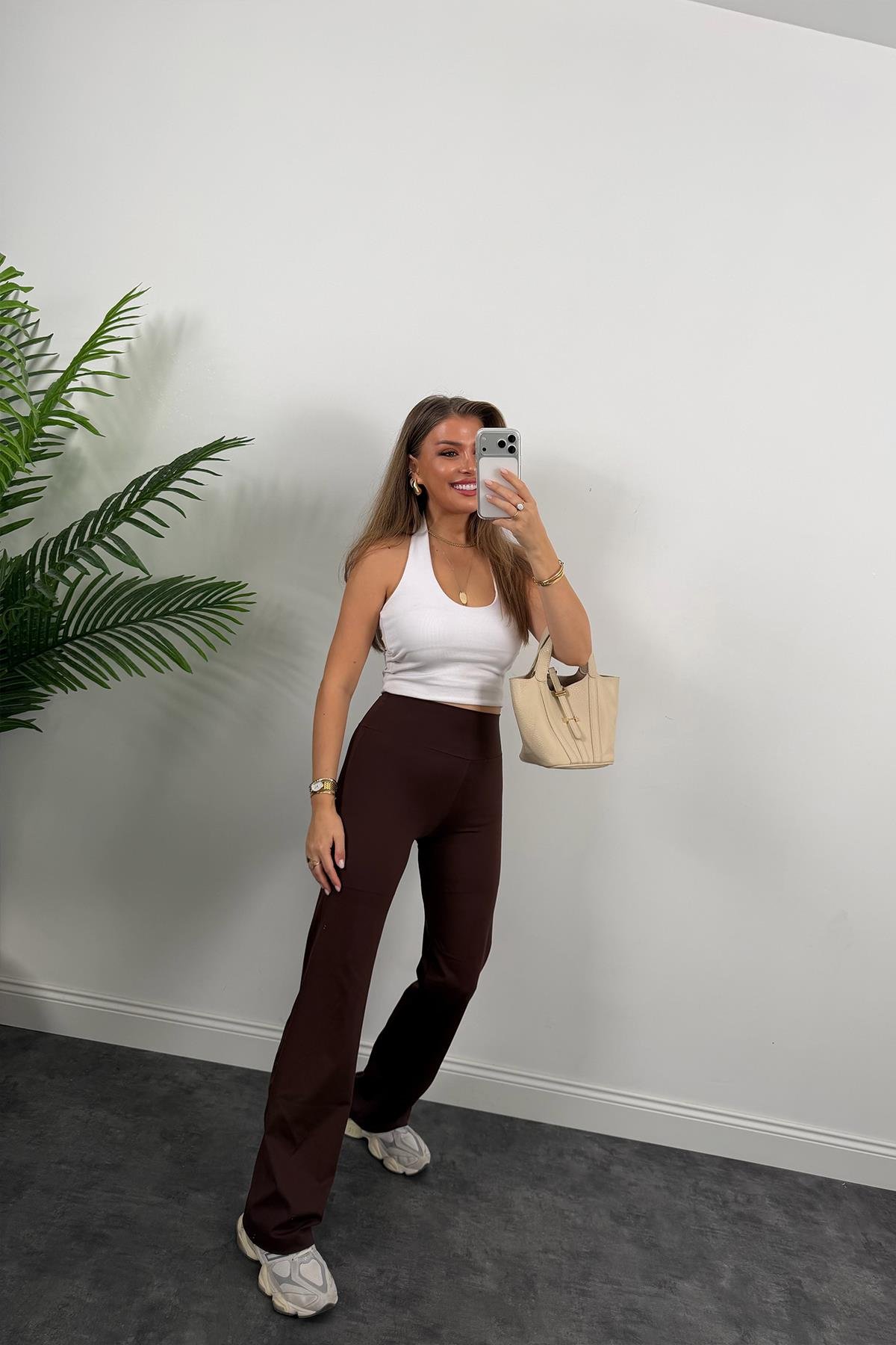 Lüx Kalite Oysh Model Likralı Flare Tayt Acı Kahve