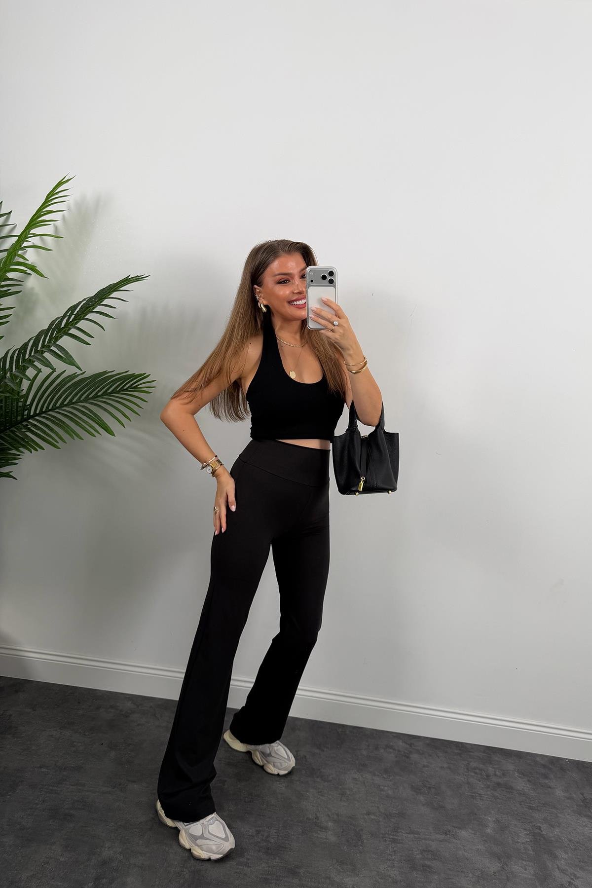 Lüx Kalite Oysh Model Likralı Flare Tayt Siyah