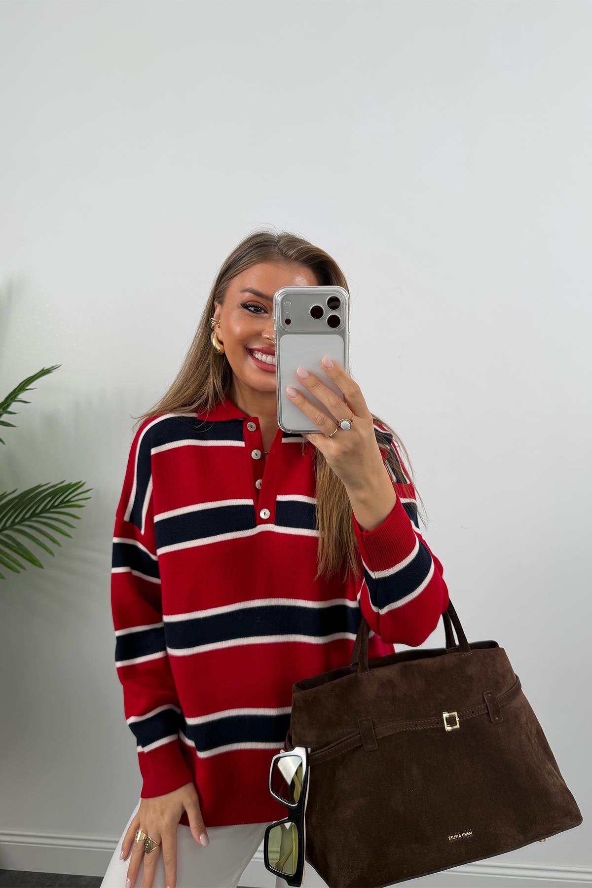 Lüx Kalite Özel Dokulu Polo Yaka Kırmızı Lacivert Çizgili Kazak