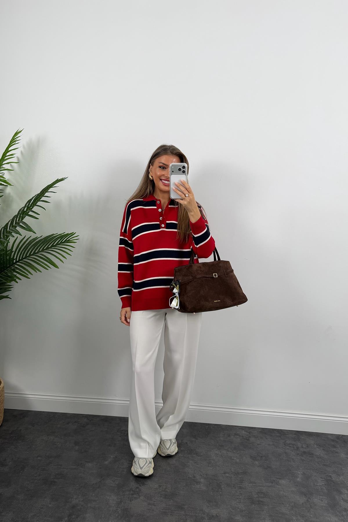 Lüx Kalite Özel Dokulu Polo Yaka Kırmızı Lacivert Çizgili Kazak