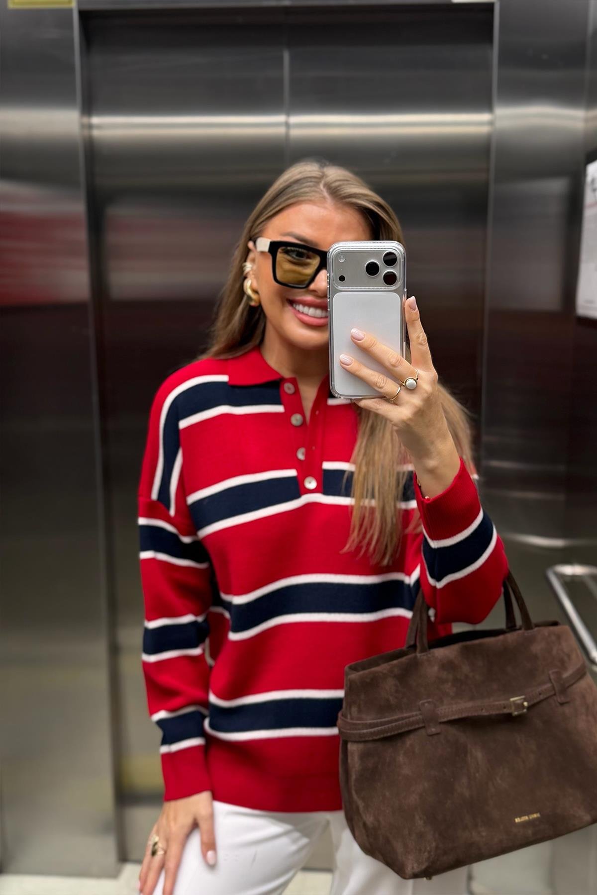 Lüx Kalite Özel Dokulu Polo Yaka Kırmızı Lacivert Çizgili Kazak